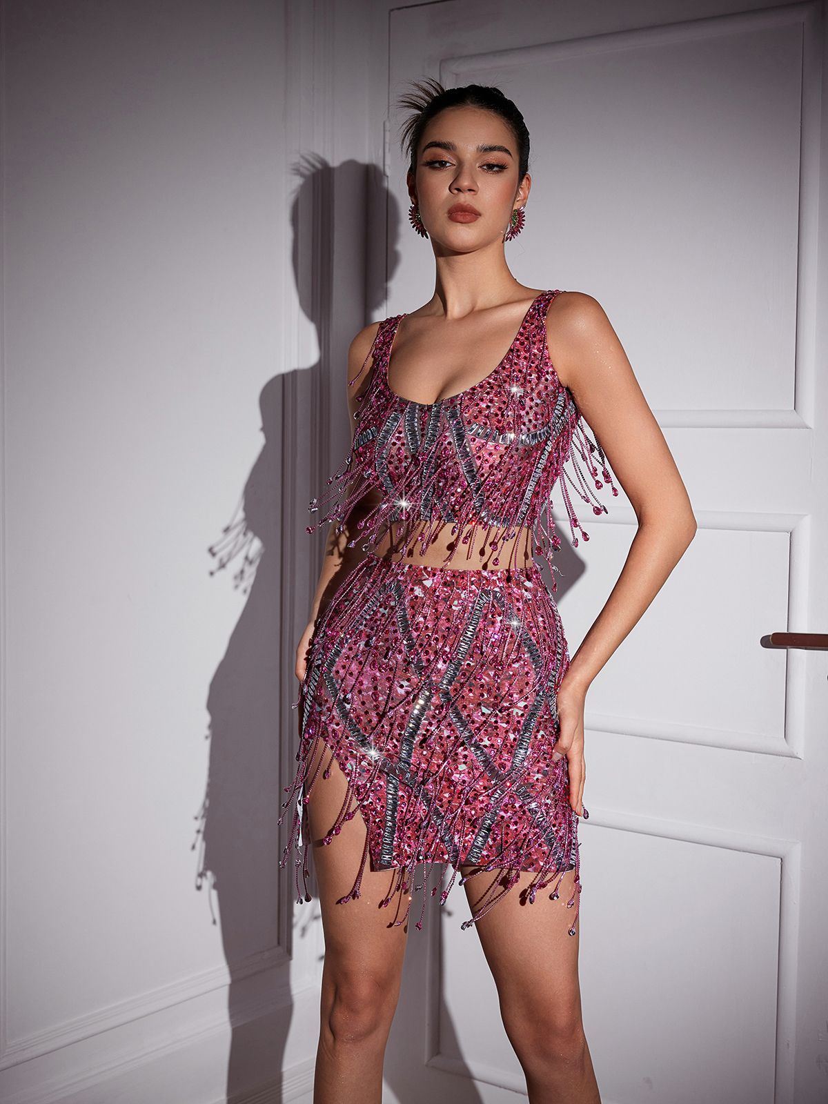 Pembe Colette Kristal Zincir Franje Yırtmaçlı Etek Takımı