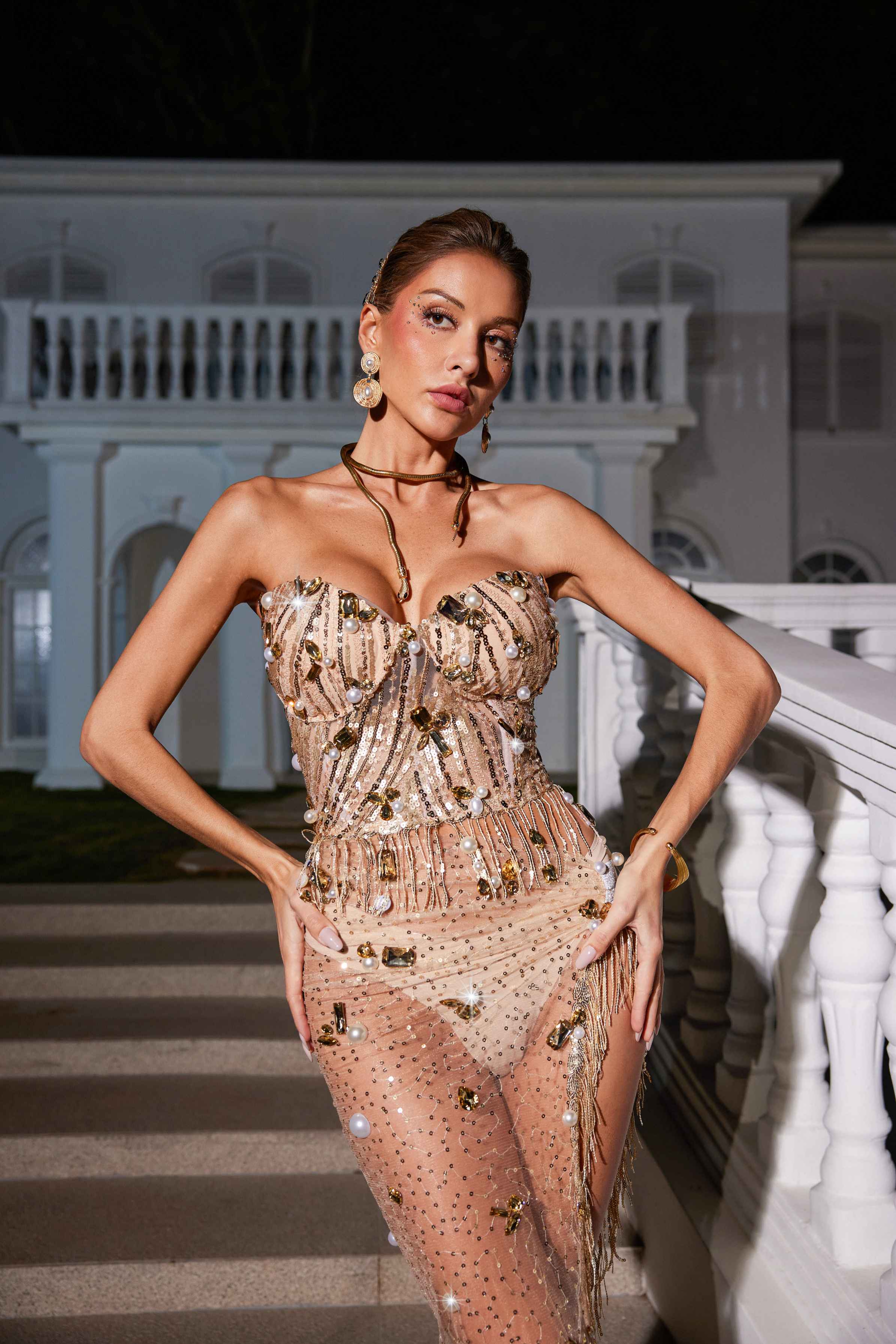 Colter Straplez Franjalı Payet Elbise