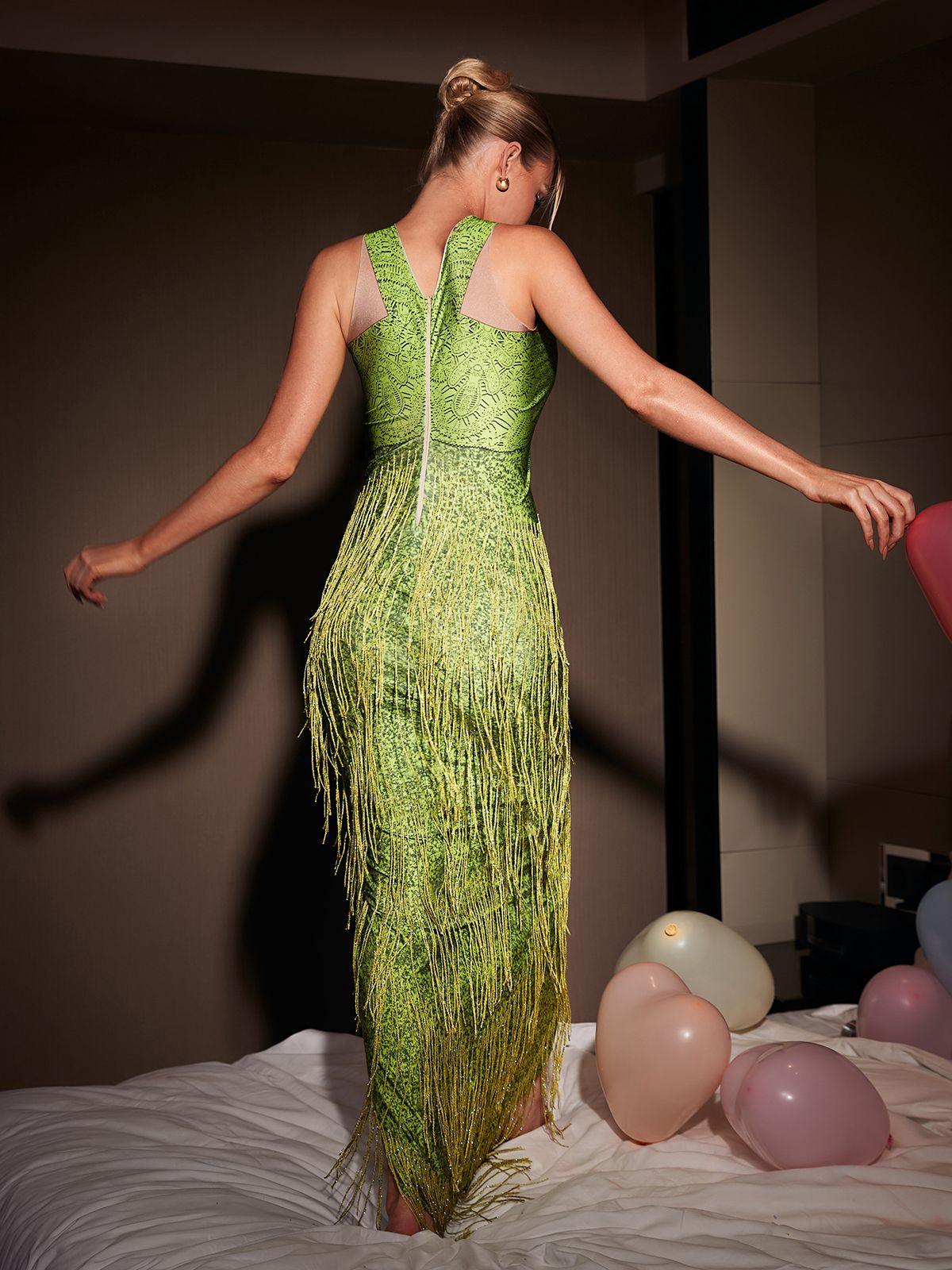 Cyfel Çiçekli Kristal Fringe Midi Elbise Yeşil