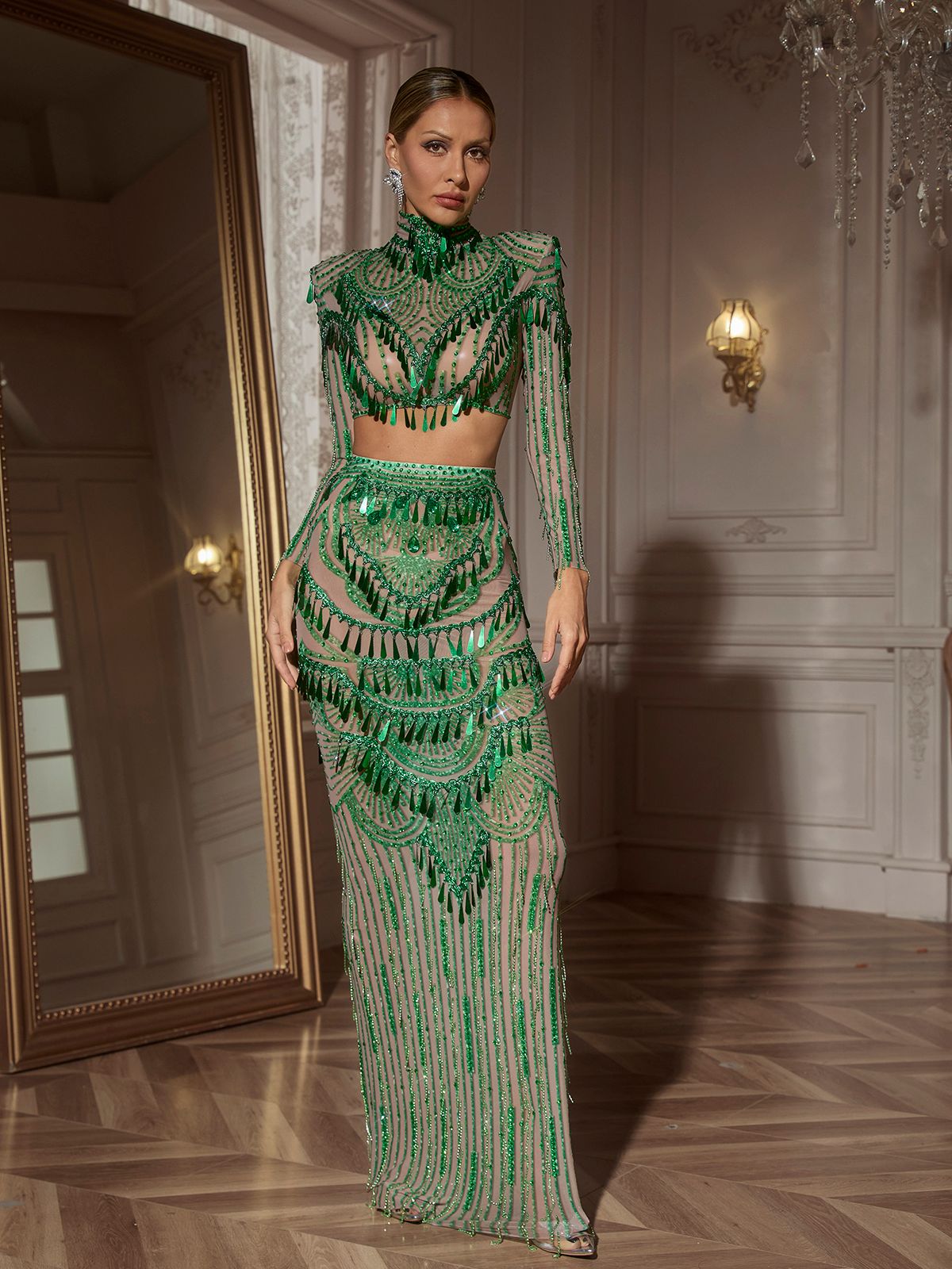 Cythina Uzun Kollu Payet Etek Seti