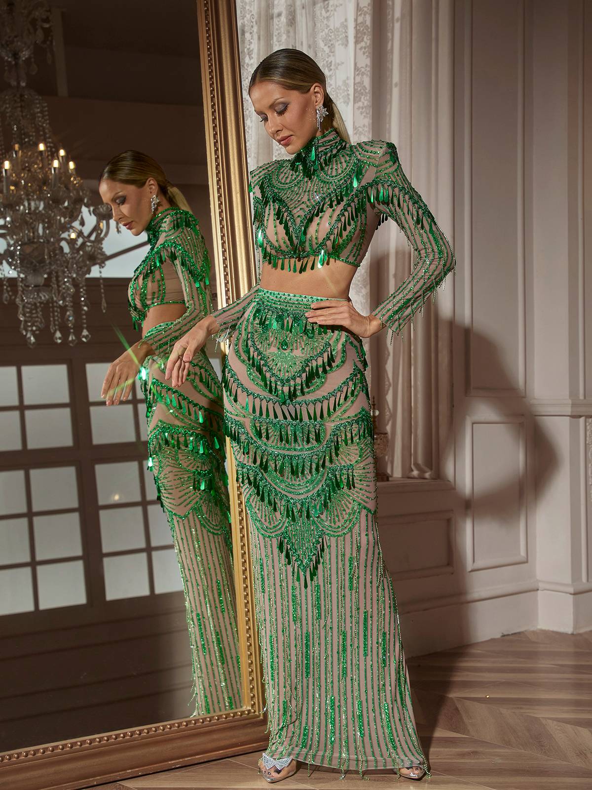 Cythina Uzun Kollu Payet Etek Seti