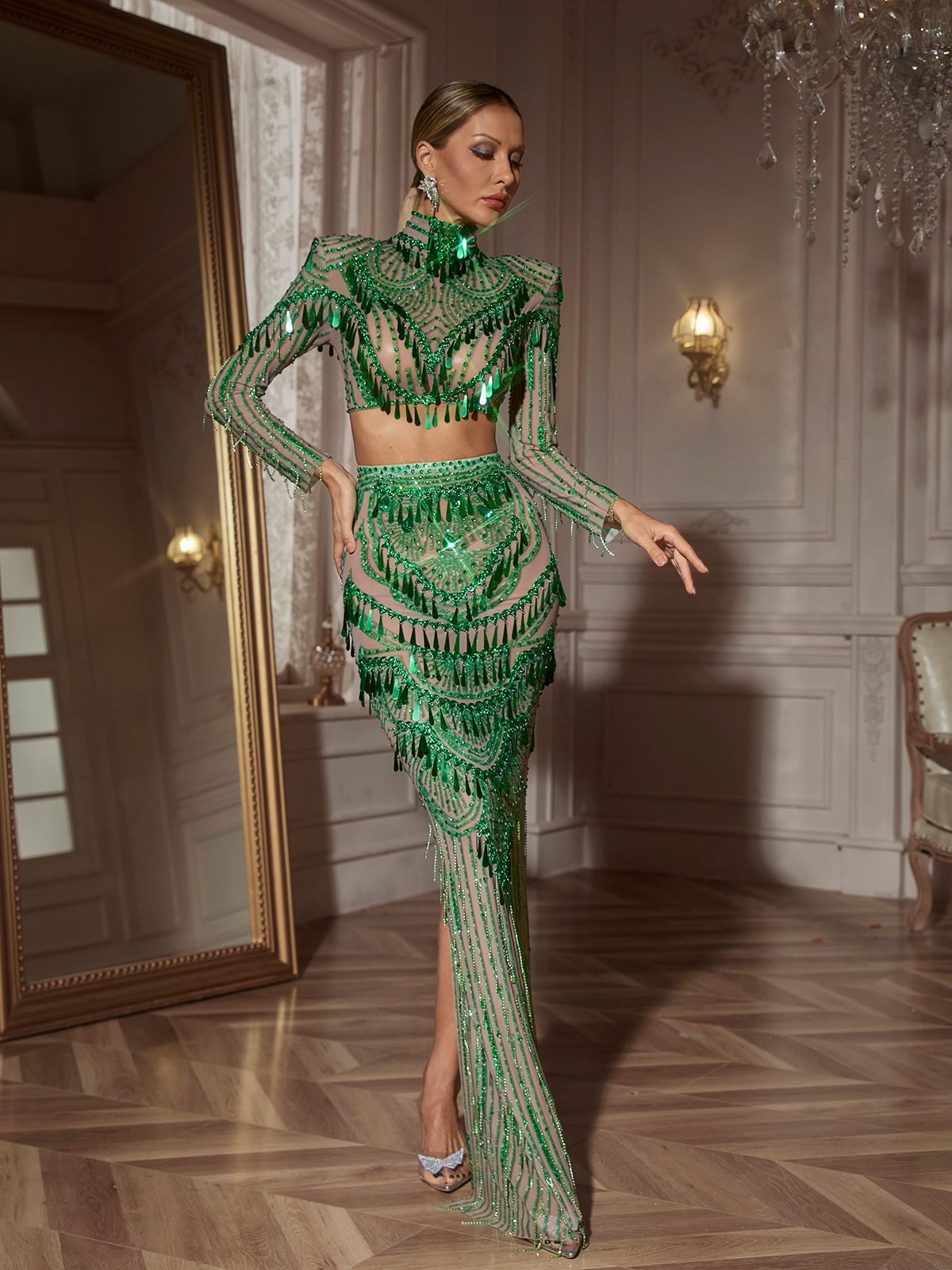 Cythina Uzun Kollu Payet Etek Takımı