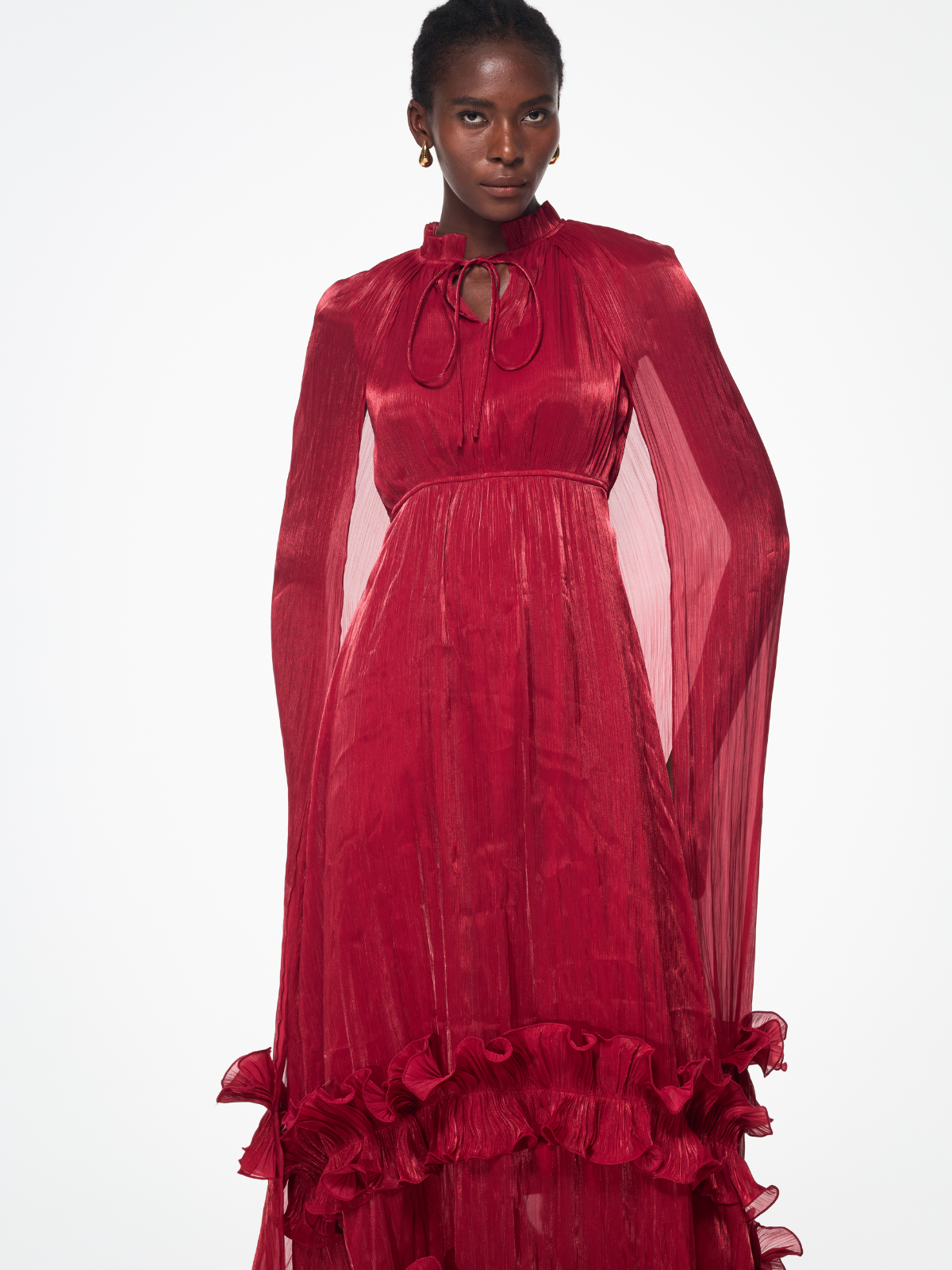 Itziar Şal Volanlı Maxi Elbise - Şarap Rengi