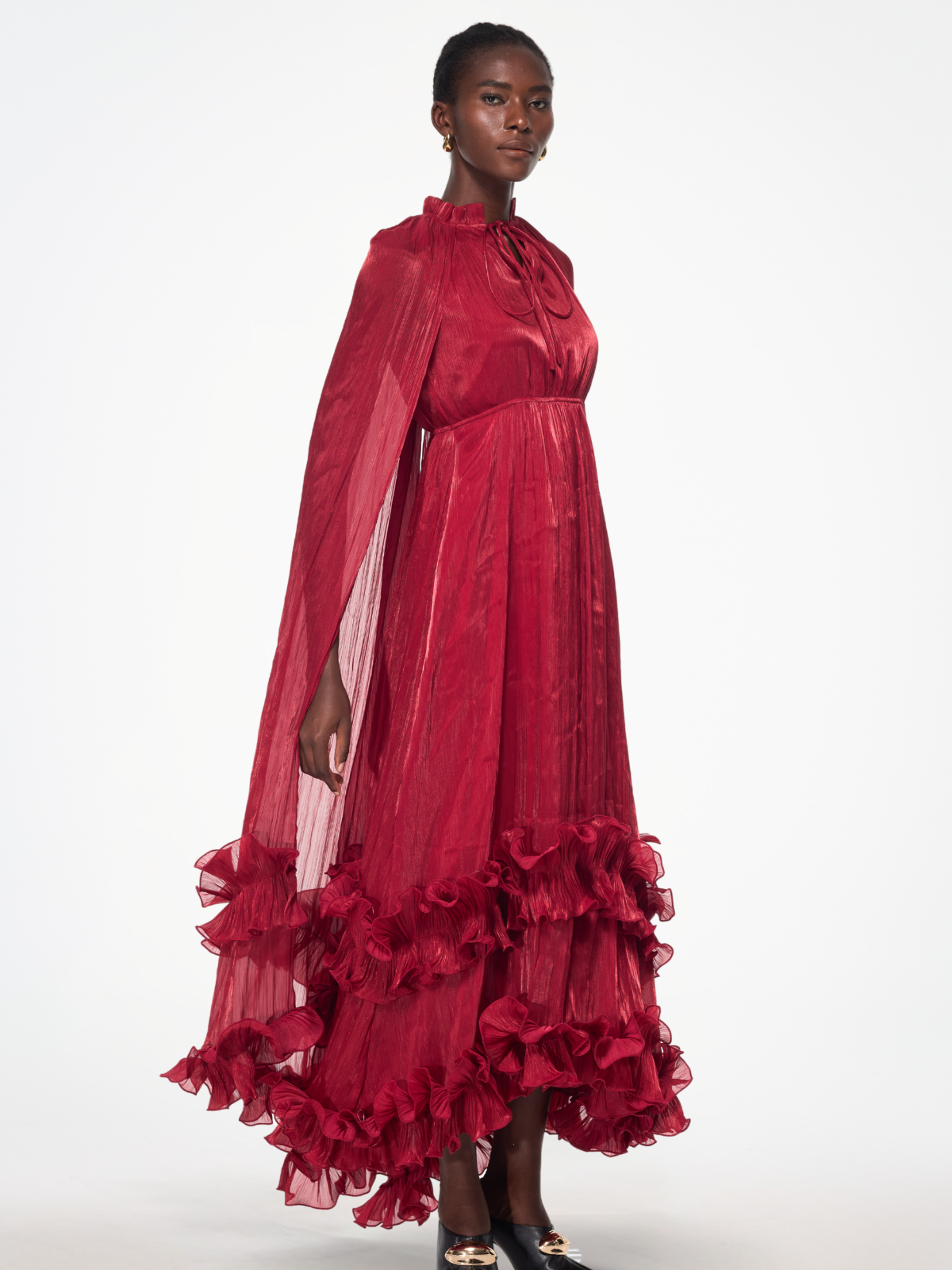 Itziar Şal Volanlı Maxi Elbise - Şarap Rengi