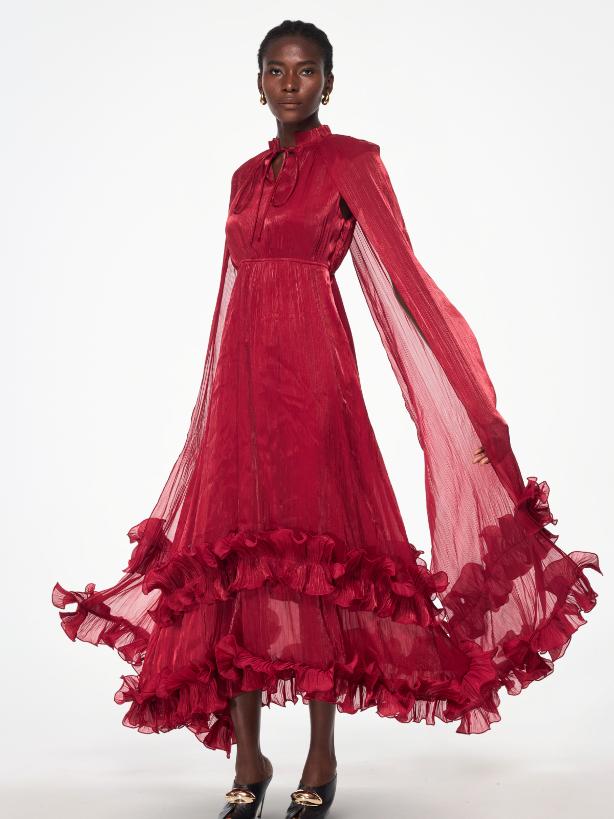 Itziar Şal Volanlı Maxi Elbise - Şarap Rengi