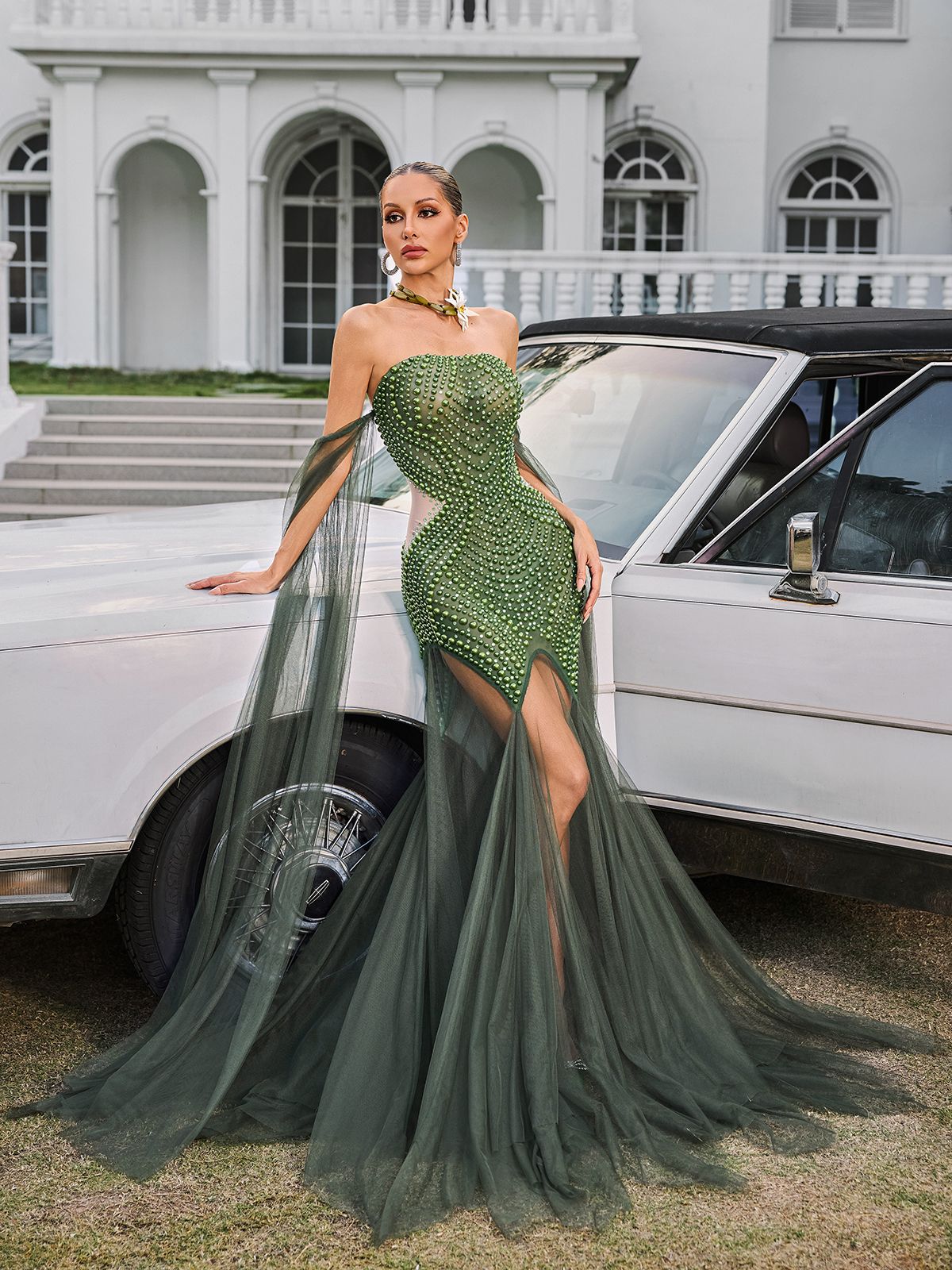 Daelis Omuz Açık Rhinestone Ağı Mesh Maxi Elbise