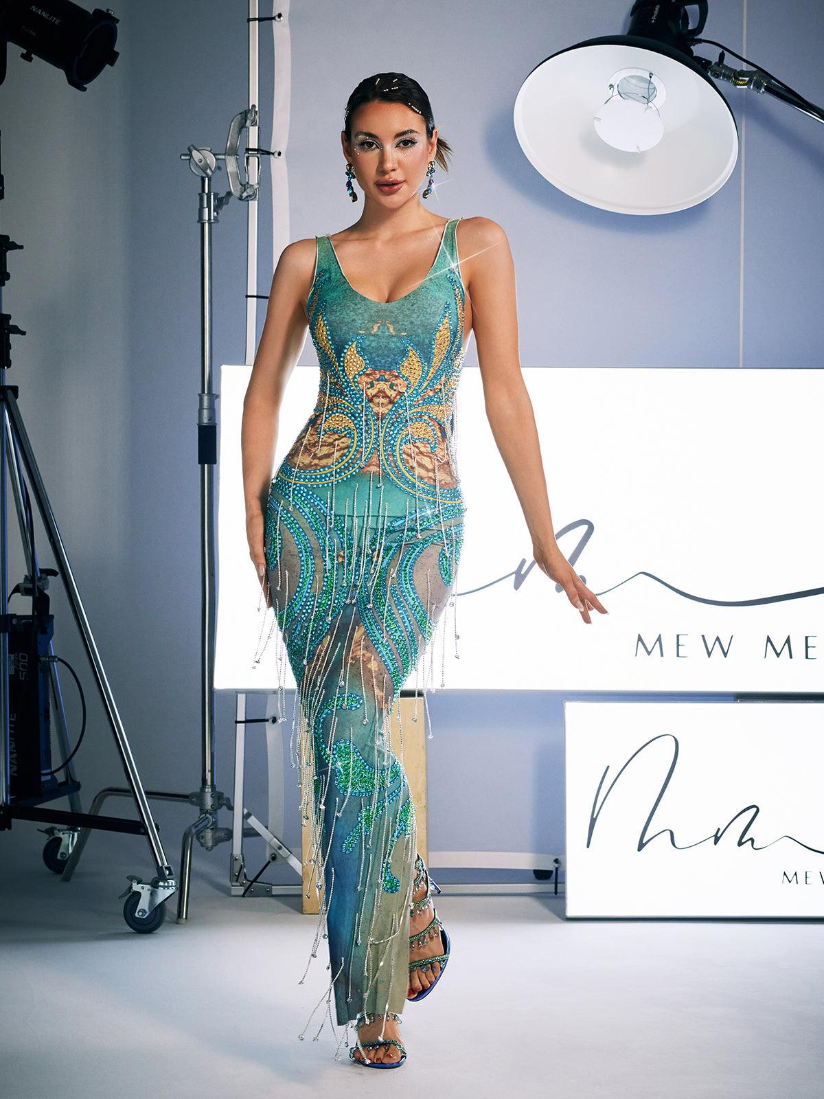 Darrell Baskı Kristal Franj Maxi Elbise