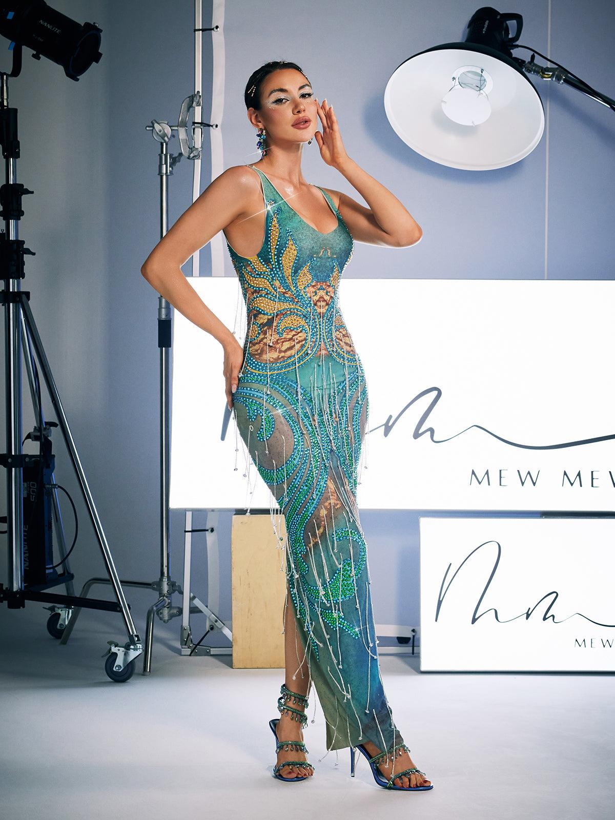 Darrell Baskı Kristal Franj Maxi Elbise