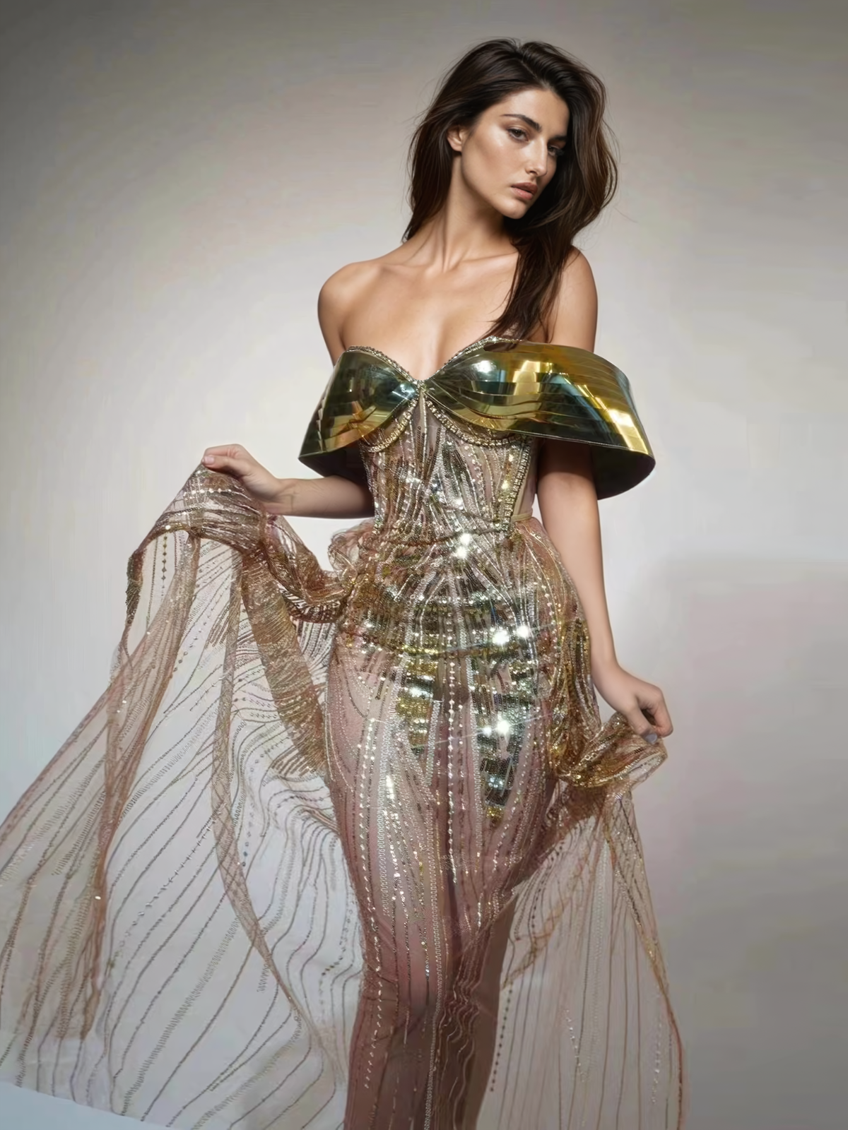 Daryle Omuz Açık Payetli Yırtmaçlı Maxi Elbise