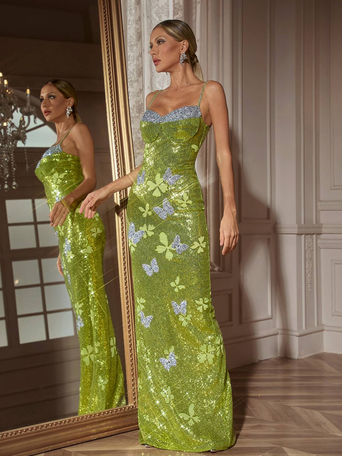 Dayshaun Kelebek Kristal Payet Maxi Elbise