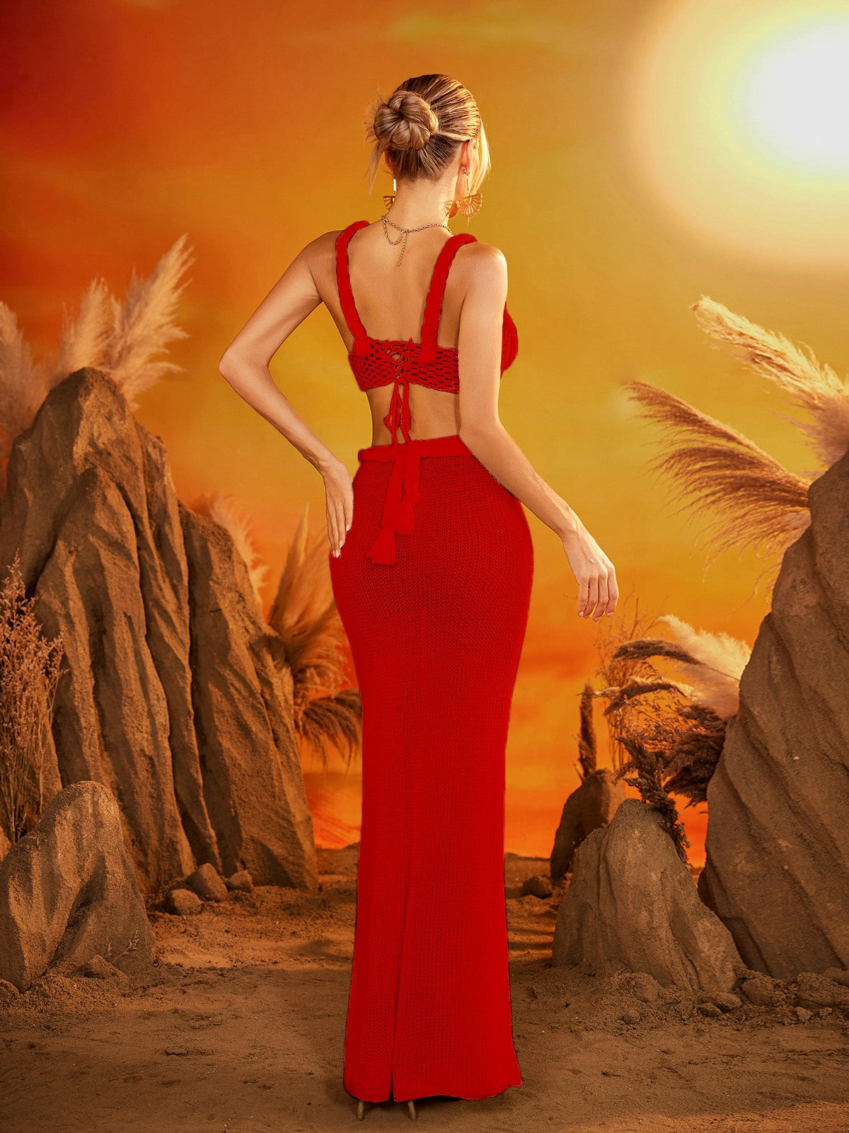 Dazmir Spagetti Kesim Triko Etek Takımı Kırmızı