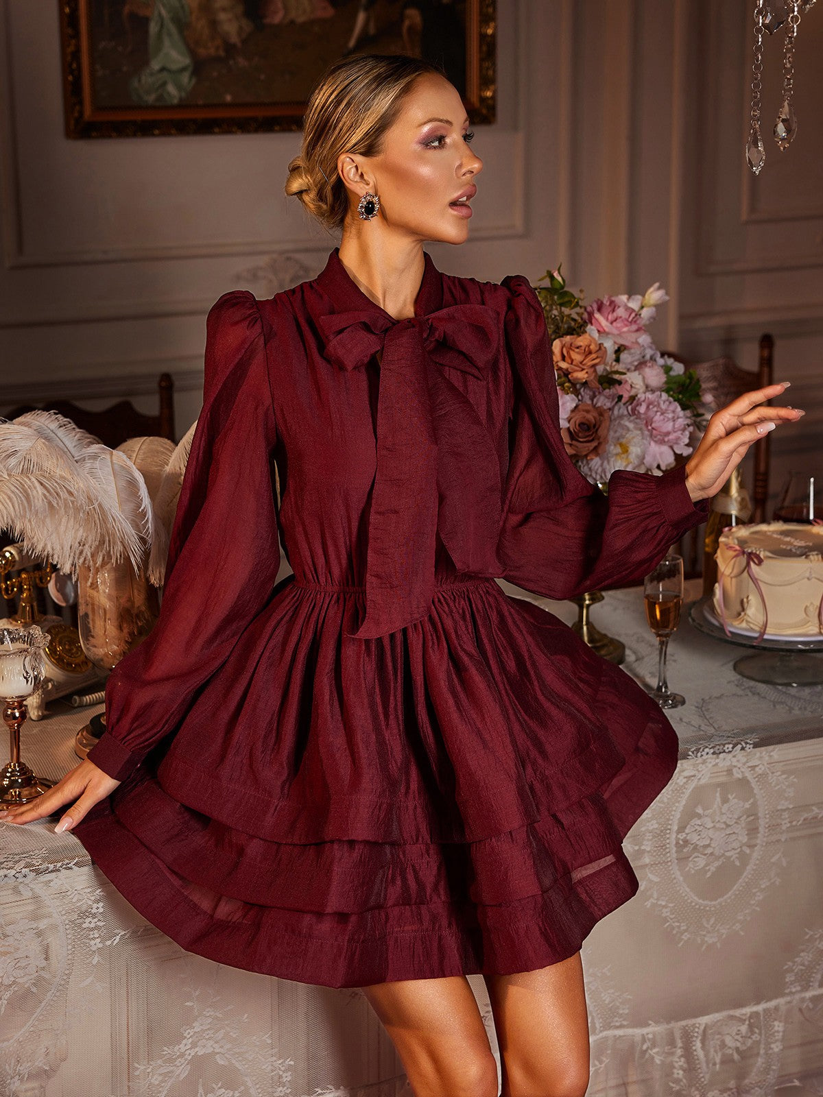 Eairein Uzun Kollu Fiyonk Volan Mini Elbise