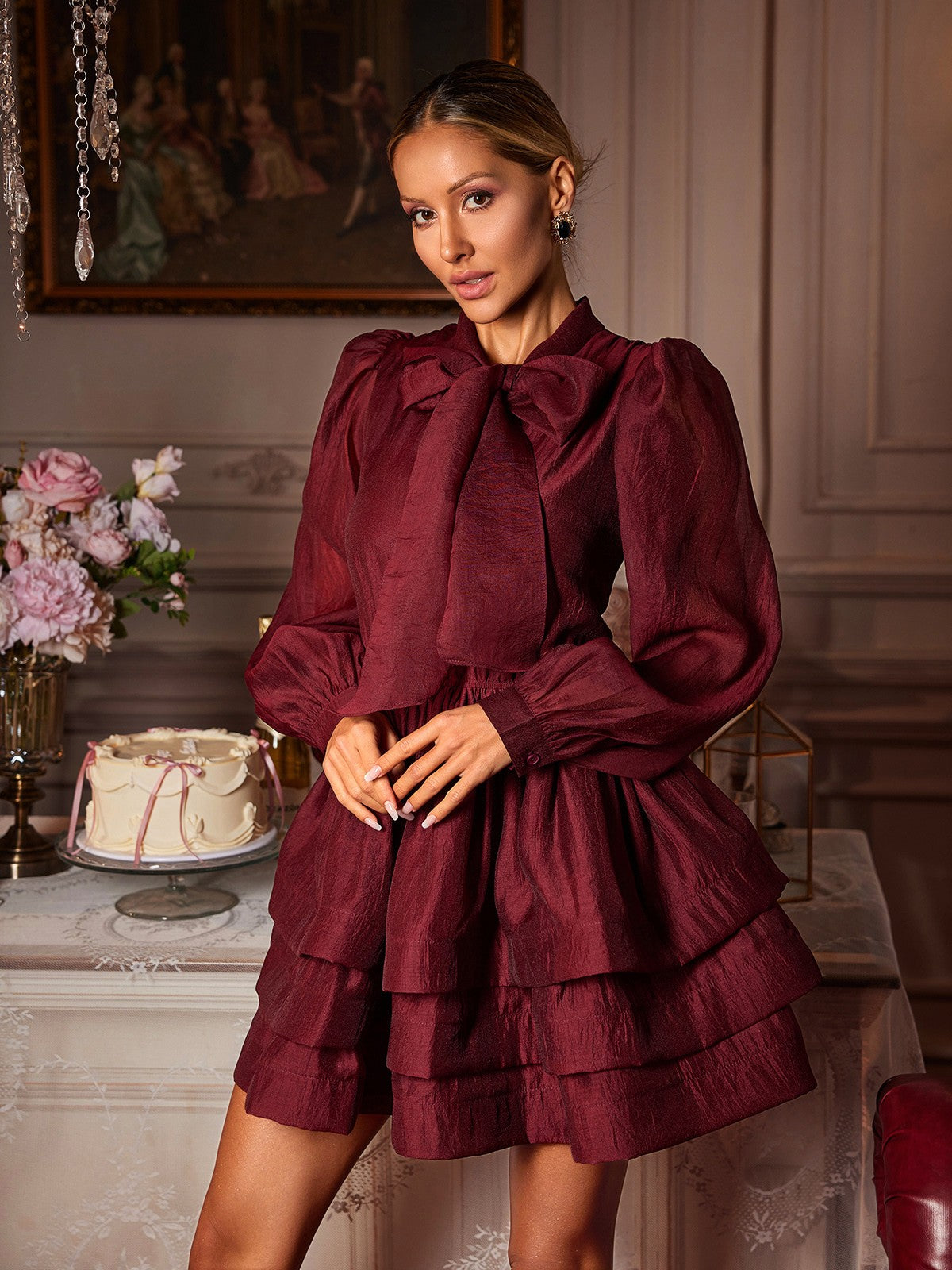 Eairein Uzun Kollu Fiyonk Volan Mini Elbise