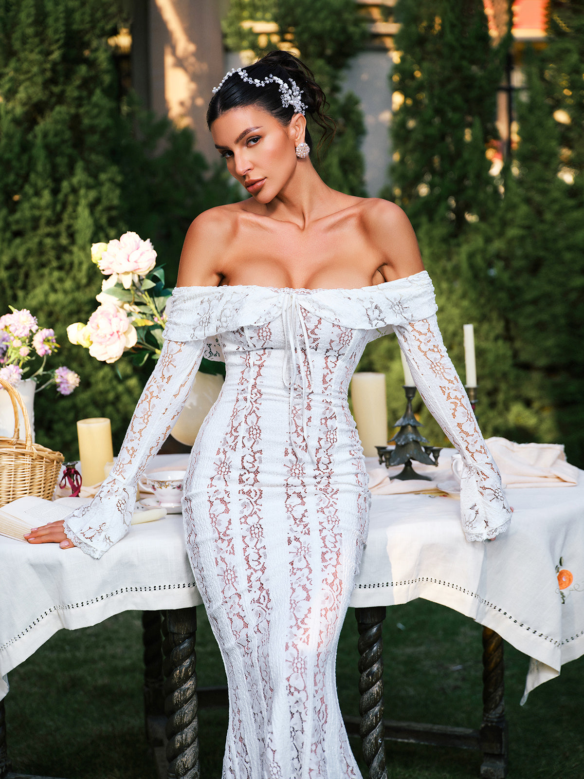 Ector Off Shoulder Dantel Maxi Elbise