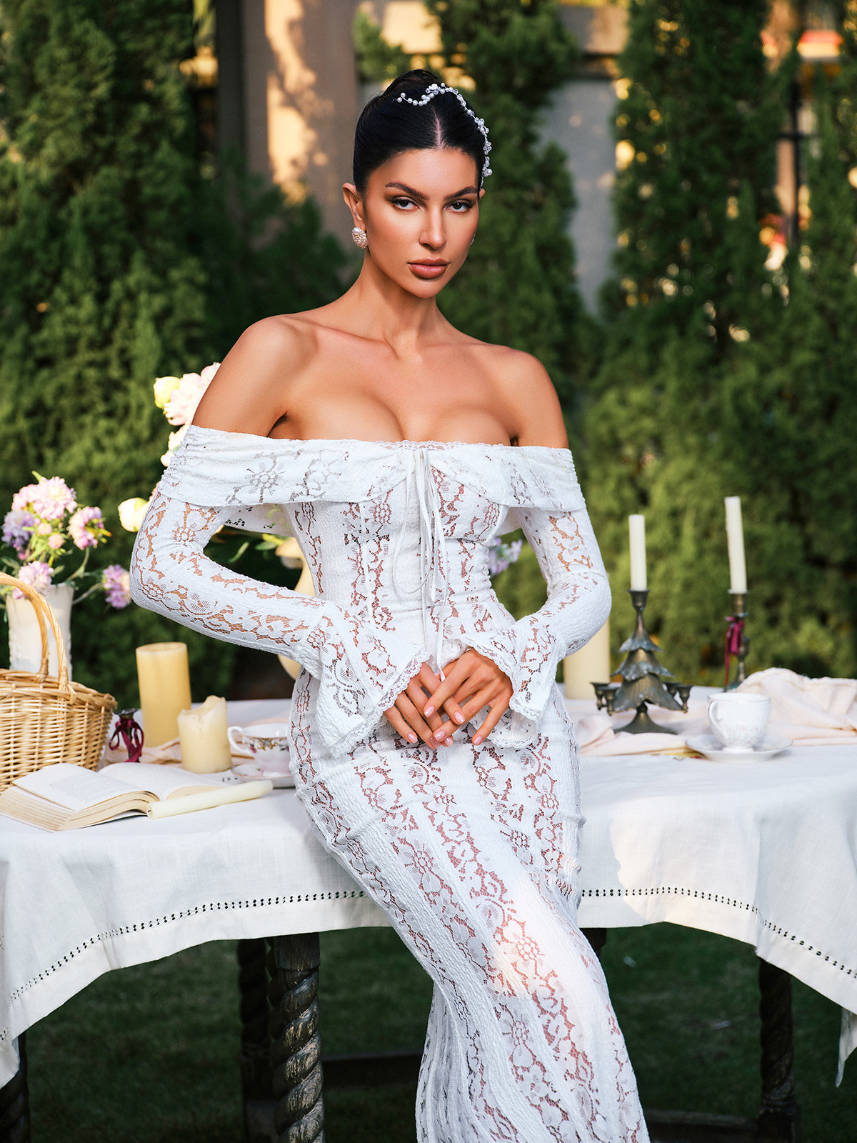 Ector Off Shoulder Dantel Maxi Elbise