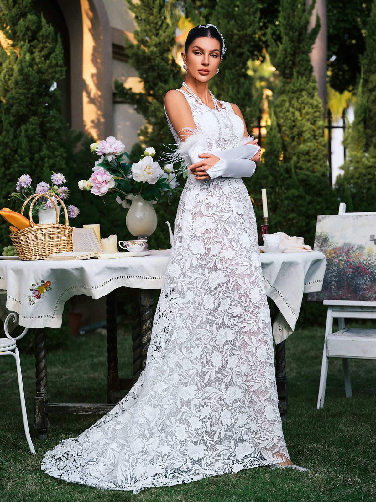 Edison Derin Yaka Çiçekli Dantel Maxi Elbise