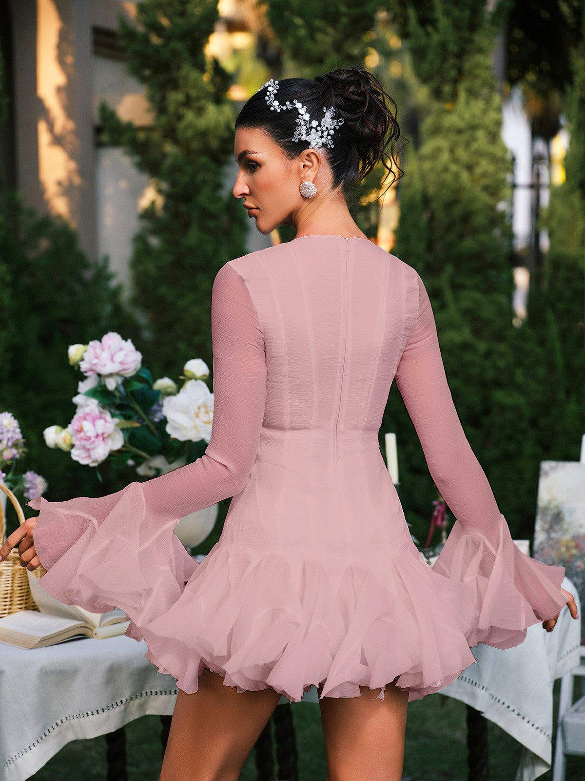 Edsel Fırfır Kol Düğmeli Mini Elbise Pembe