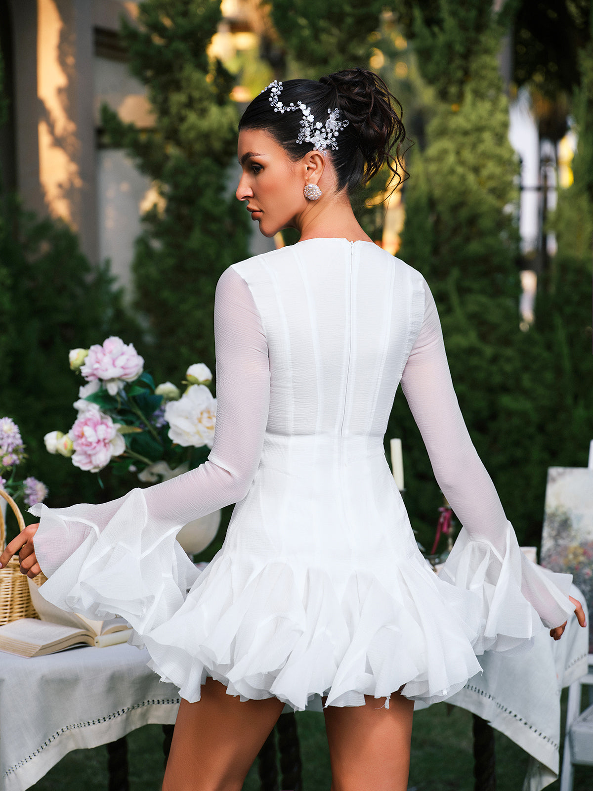 Edsel Fırfır Kollu Düğmeli Mini Elbise Beyaz