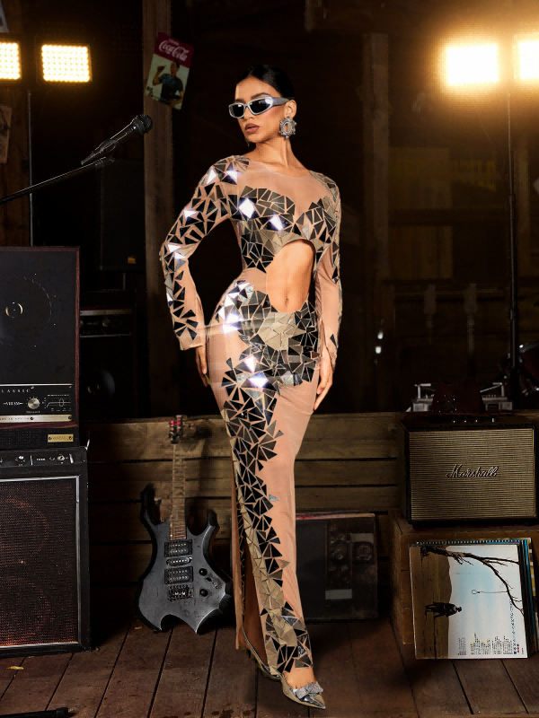 Edwina Uzun Kollu Akrilik Kesik File Maxi Elbise