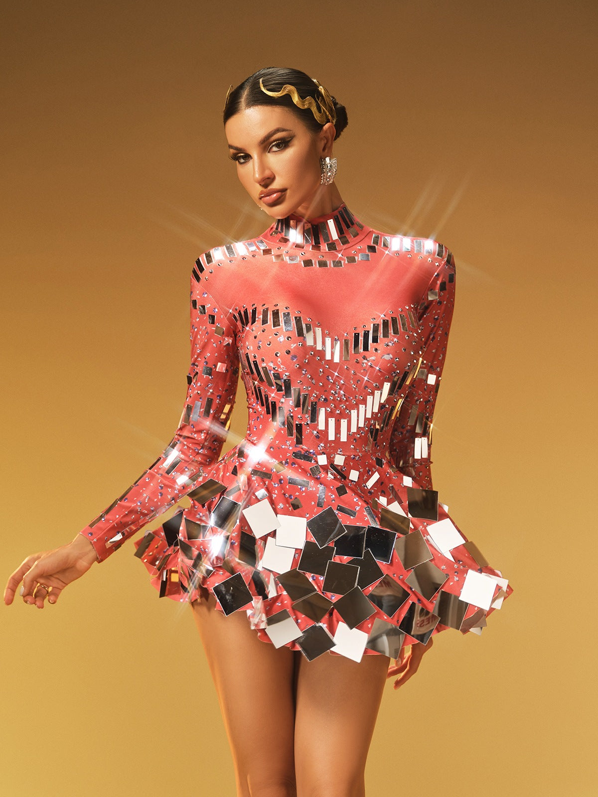 Kırmızı Ella Uzun Kollu Süslemeli Mini Elbise