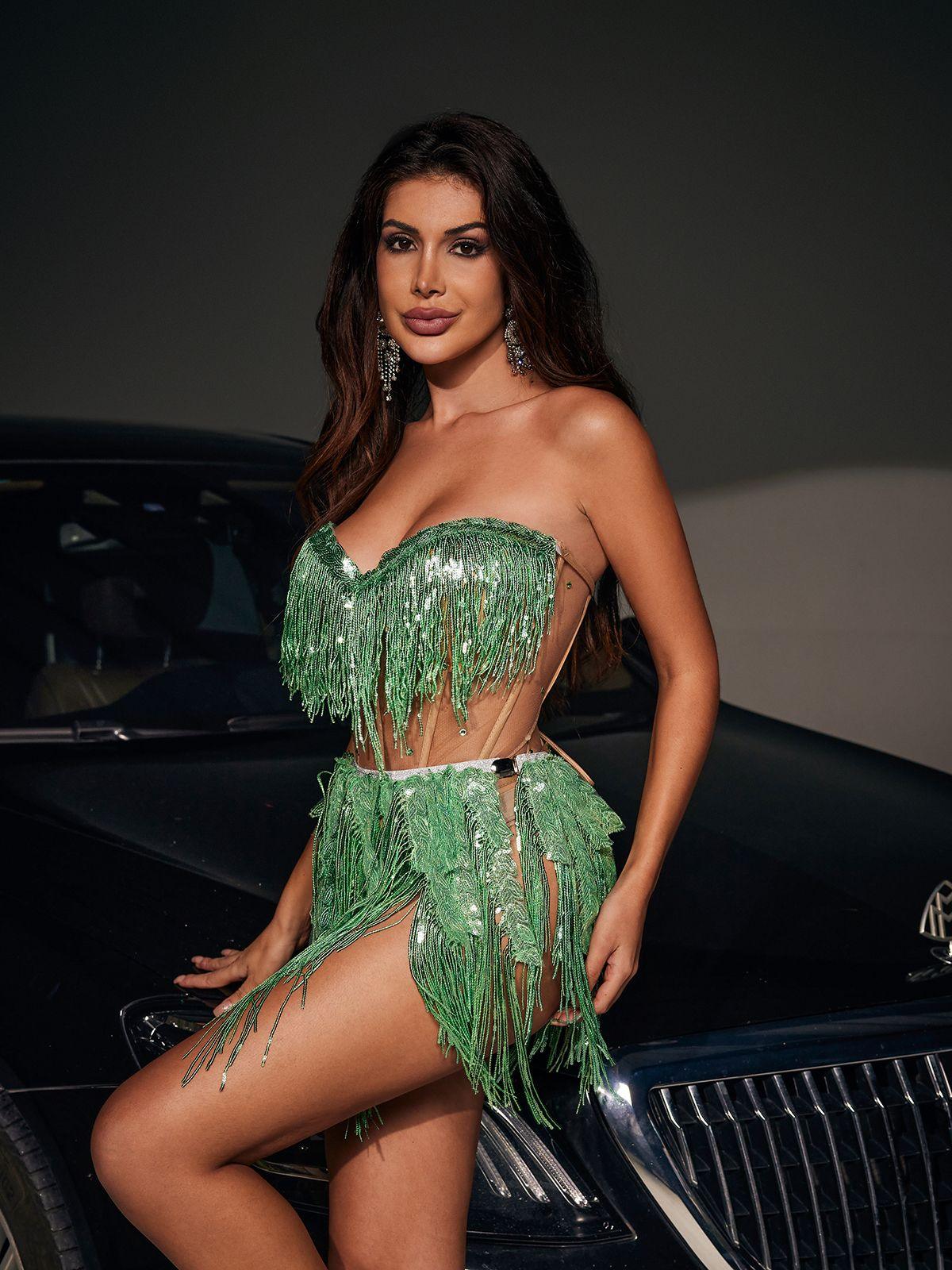 Emani Korsaj Işıltılı Franj Bodysuit