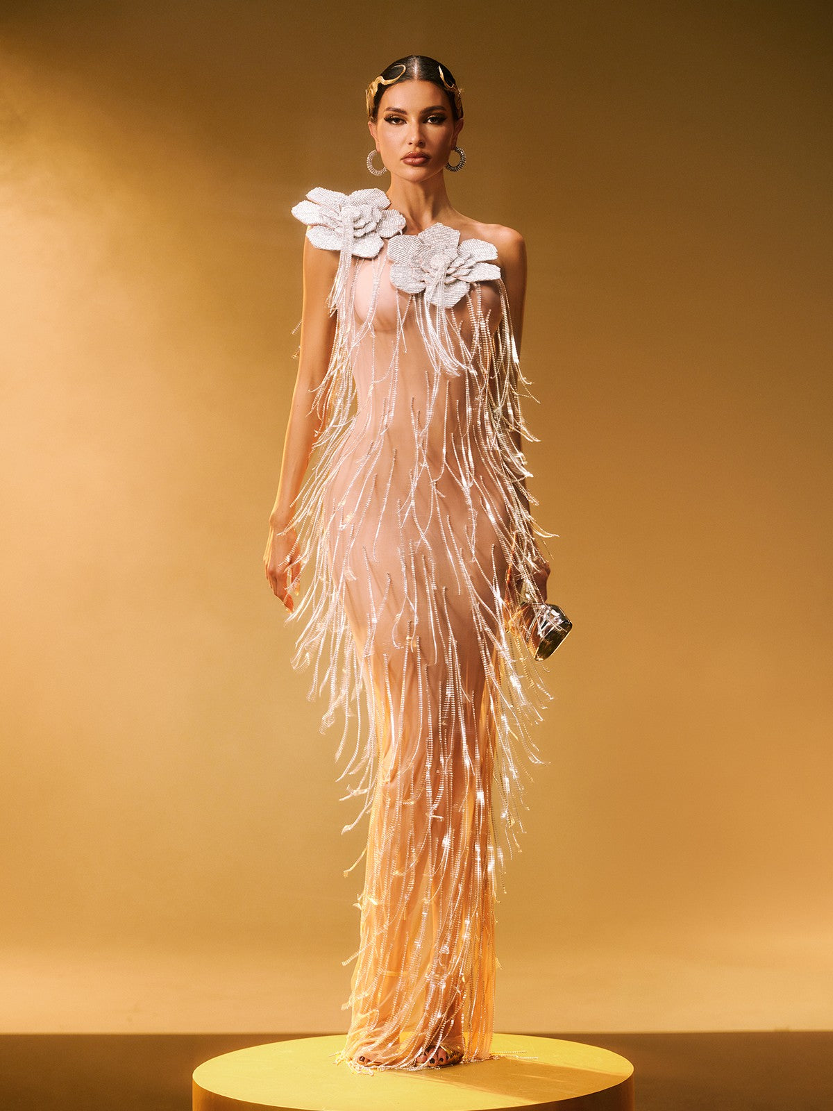 Ephira Kristal Çiçek Fringe Maxi Elbise