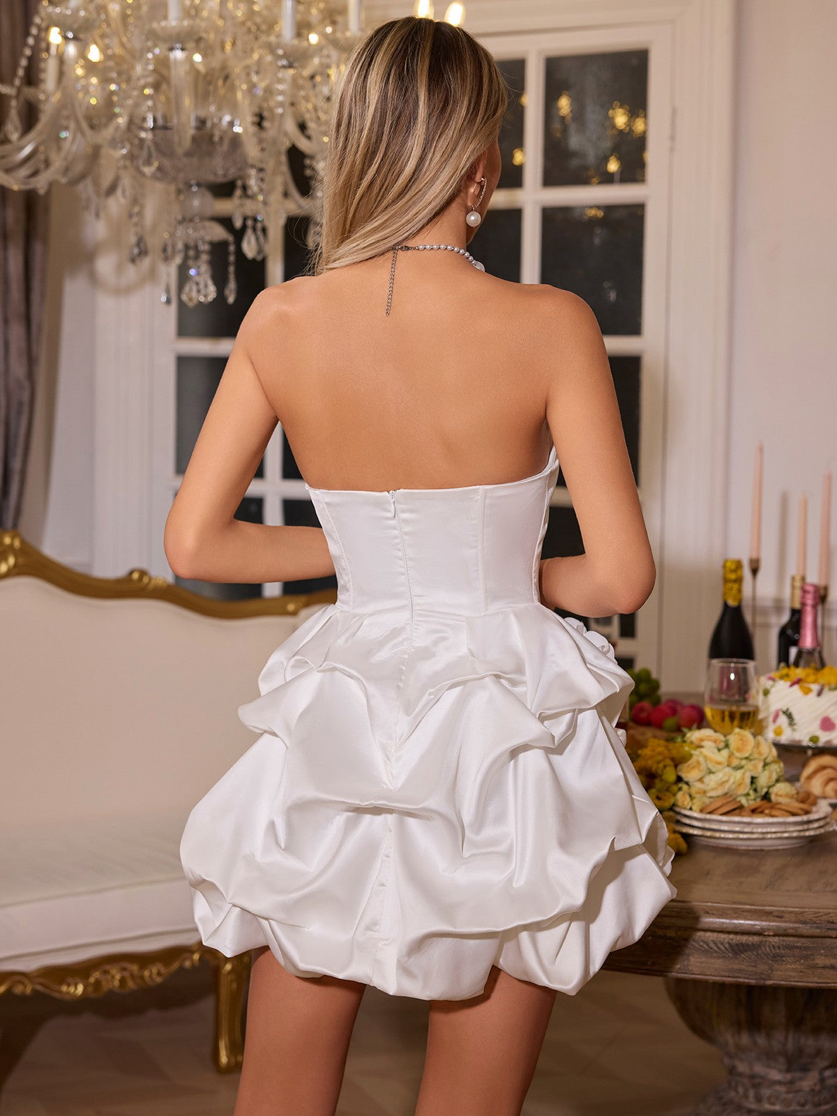 Erika Straplez Çiçek Saten Mini Elbise