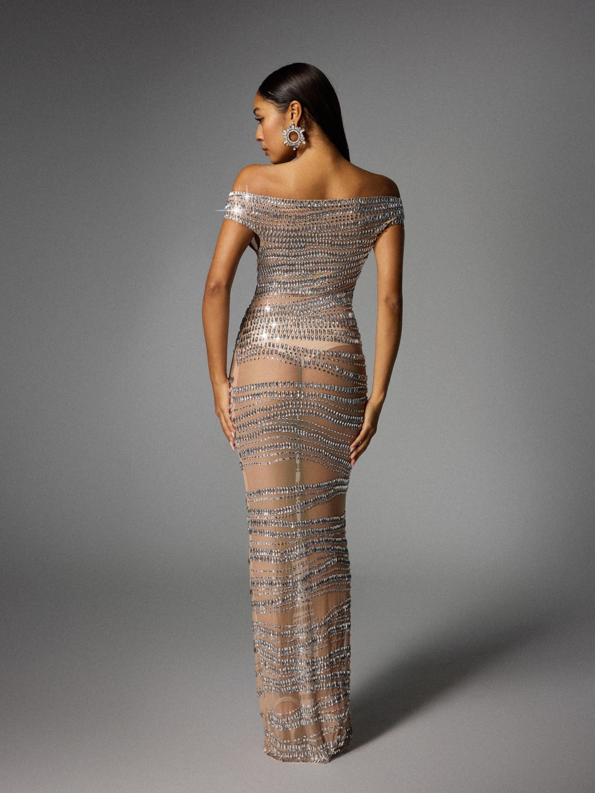 Eryx Tek Omuzlu Rhinestone Mesh Maxi Elbise - Nude