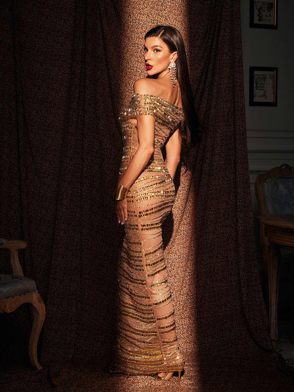 Eryx Tek Omuzlu Rhinestone Mesh Maxi Elbise