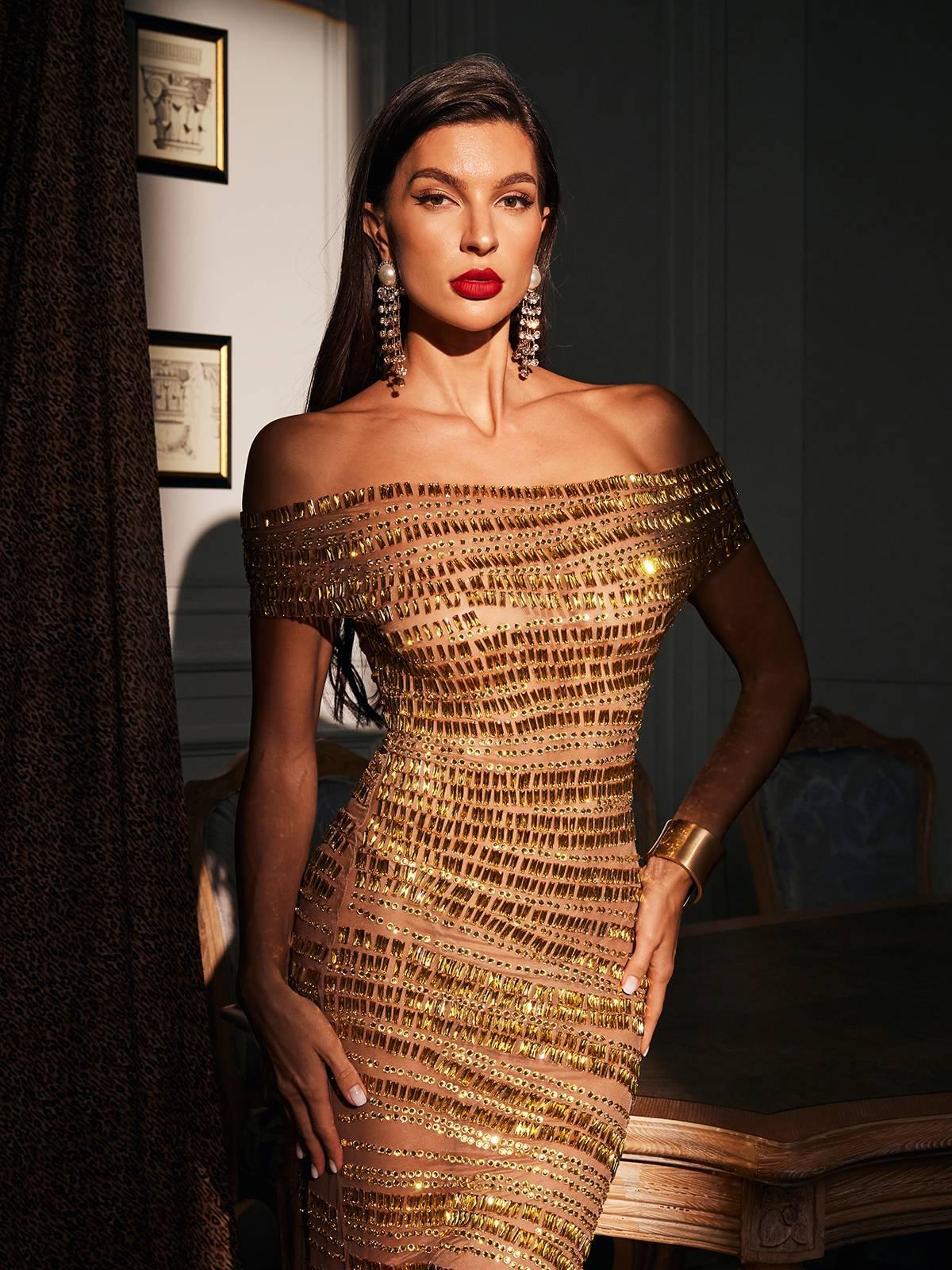 Eryx Tek Omuzlu Rhinestone Mesh Maxi Elbise