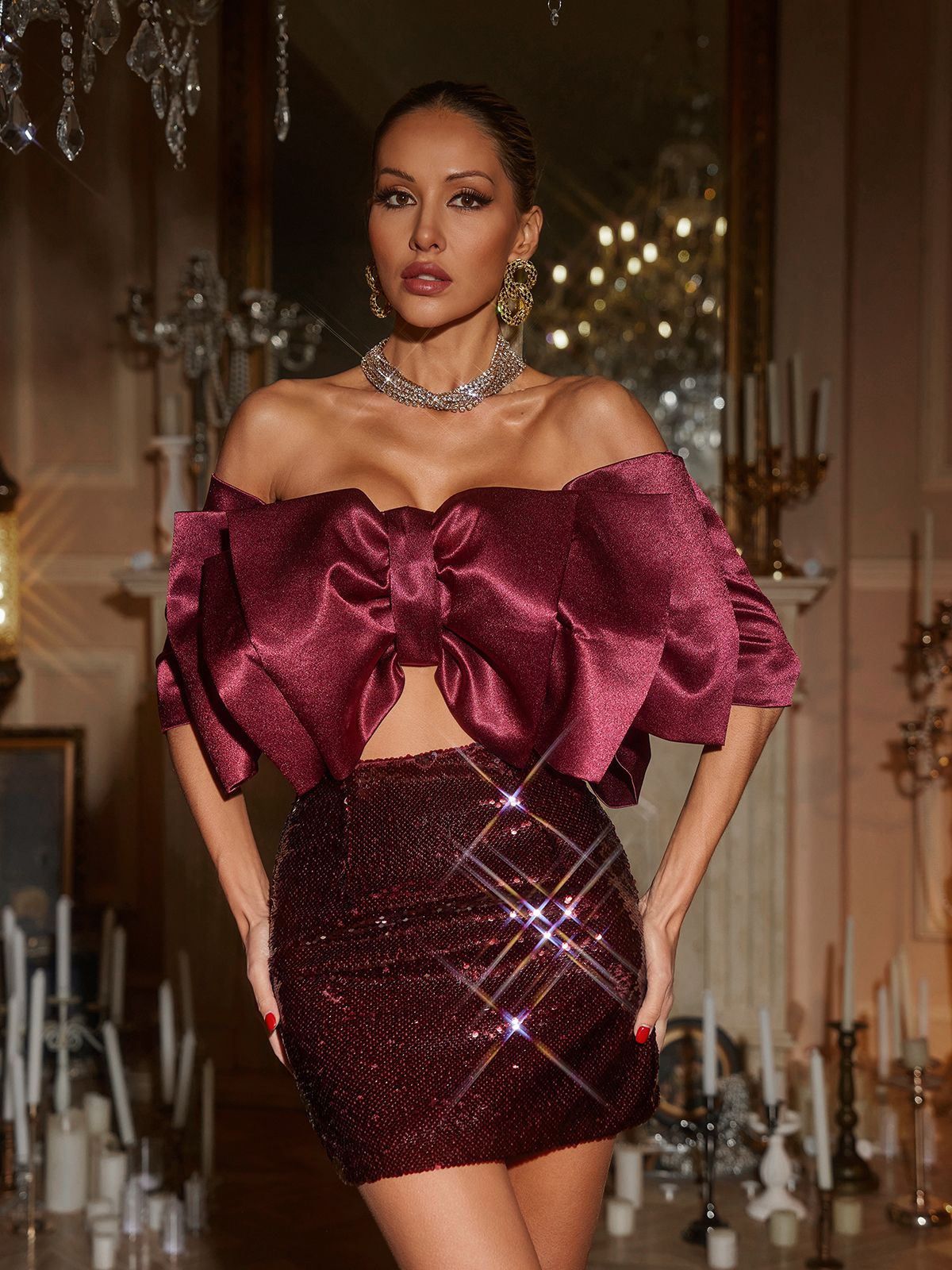 Gábri Off Shoulder Bow Payet Etek Takımı