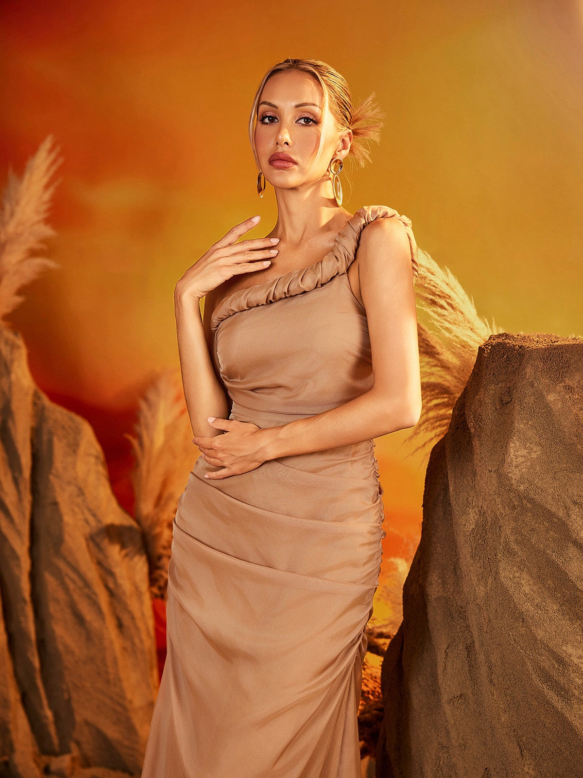 Gaelira Tek Omuzlu Drapeli Maxi Elbise