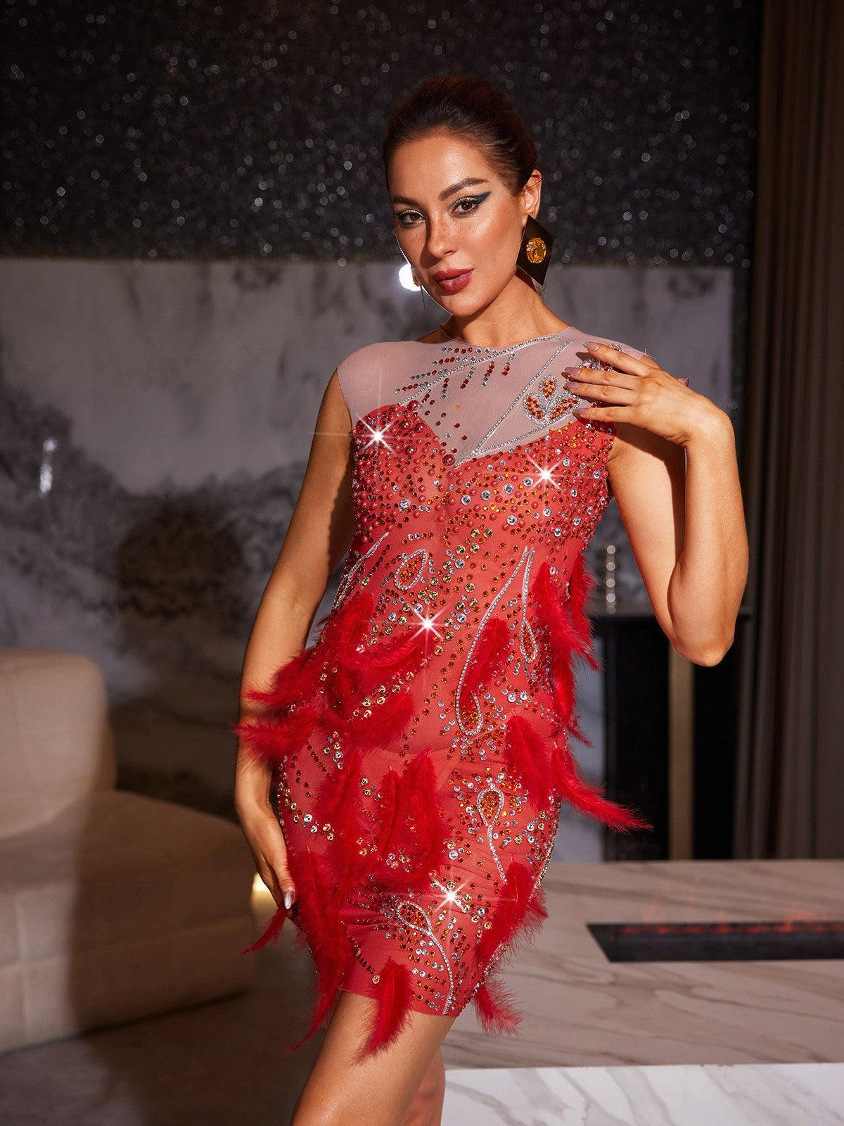 Goku Rhinestone Tüy Mini Elbise