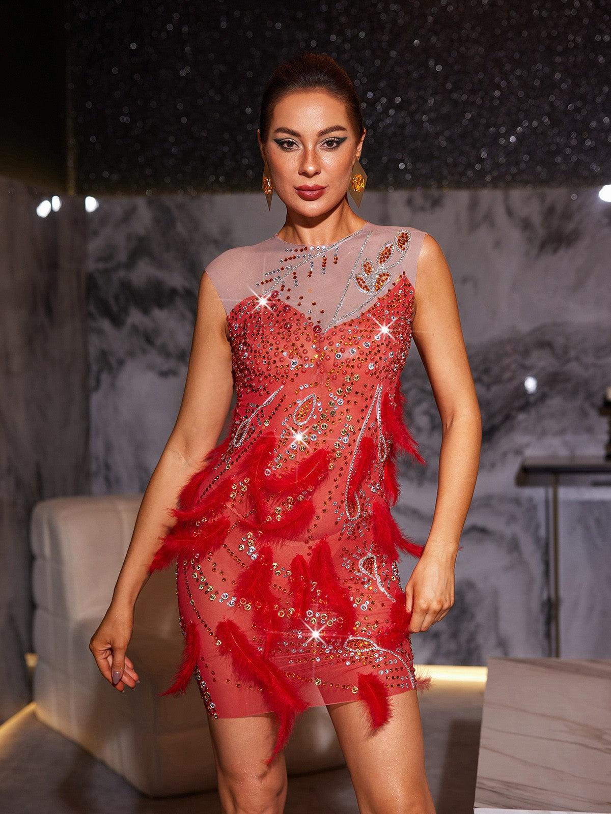 Goku Rhinestone Tüy Mini Elbise