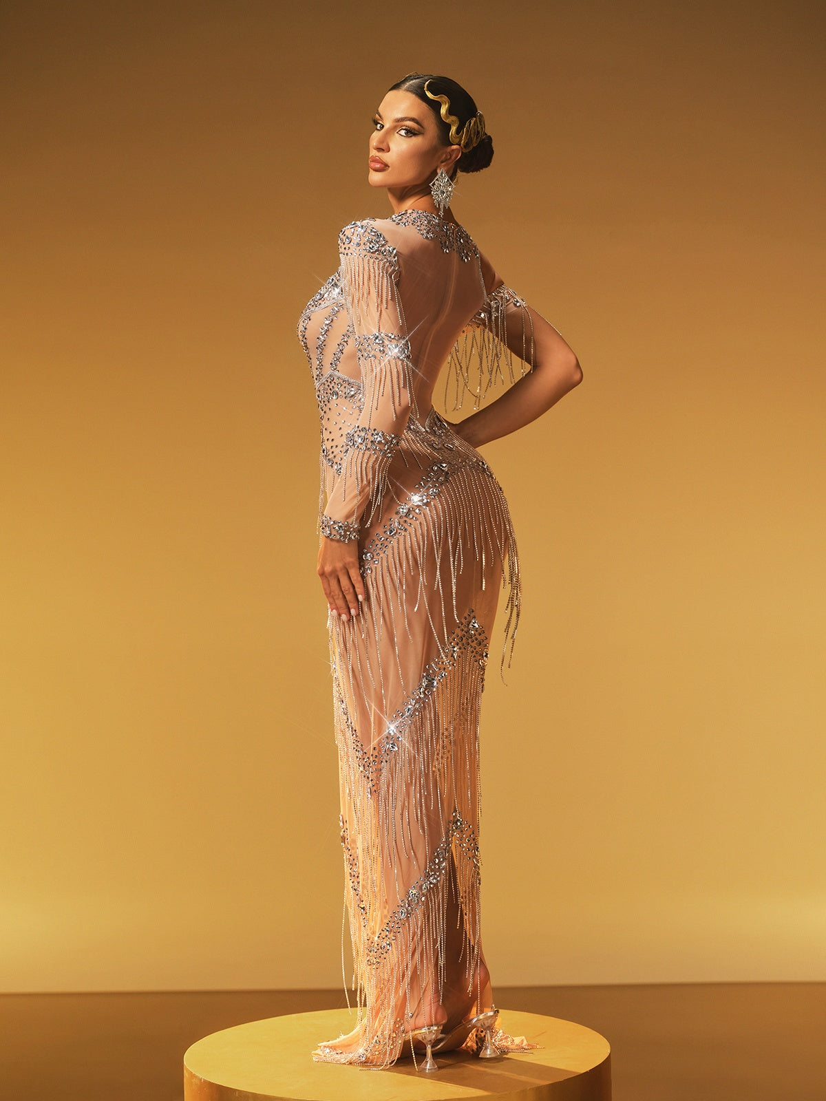 Haelthar Tek Omuz Franjeli Kristal Maxi Elbise