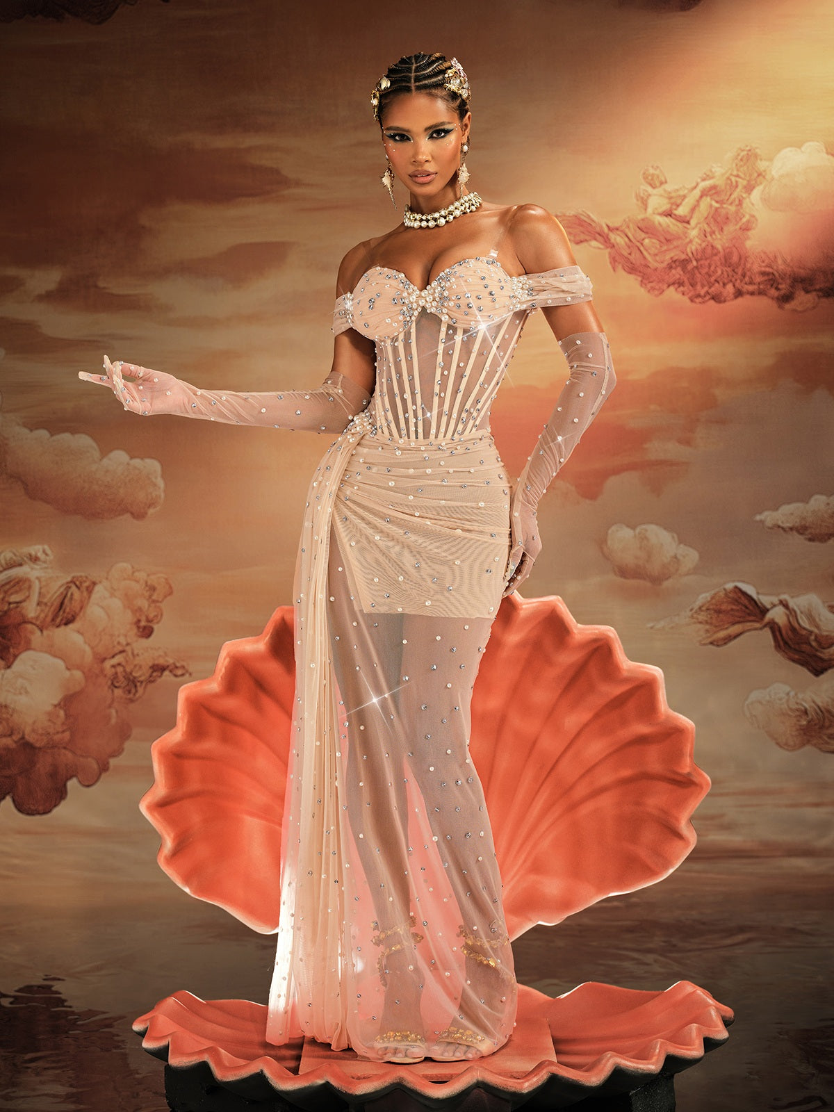 Haldor Tek Omuzlu Kristal Ağlı Drapeli Maxi Elbise