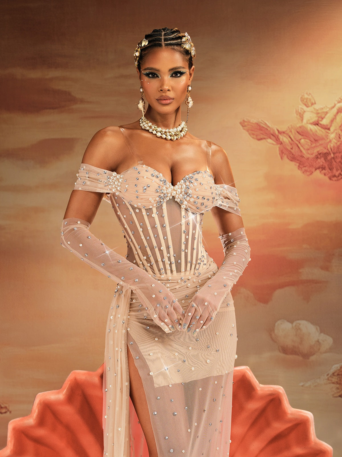 Haldor Tek Omuzlu Kristal Ağlı Drapeli Maxi Elbise