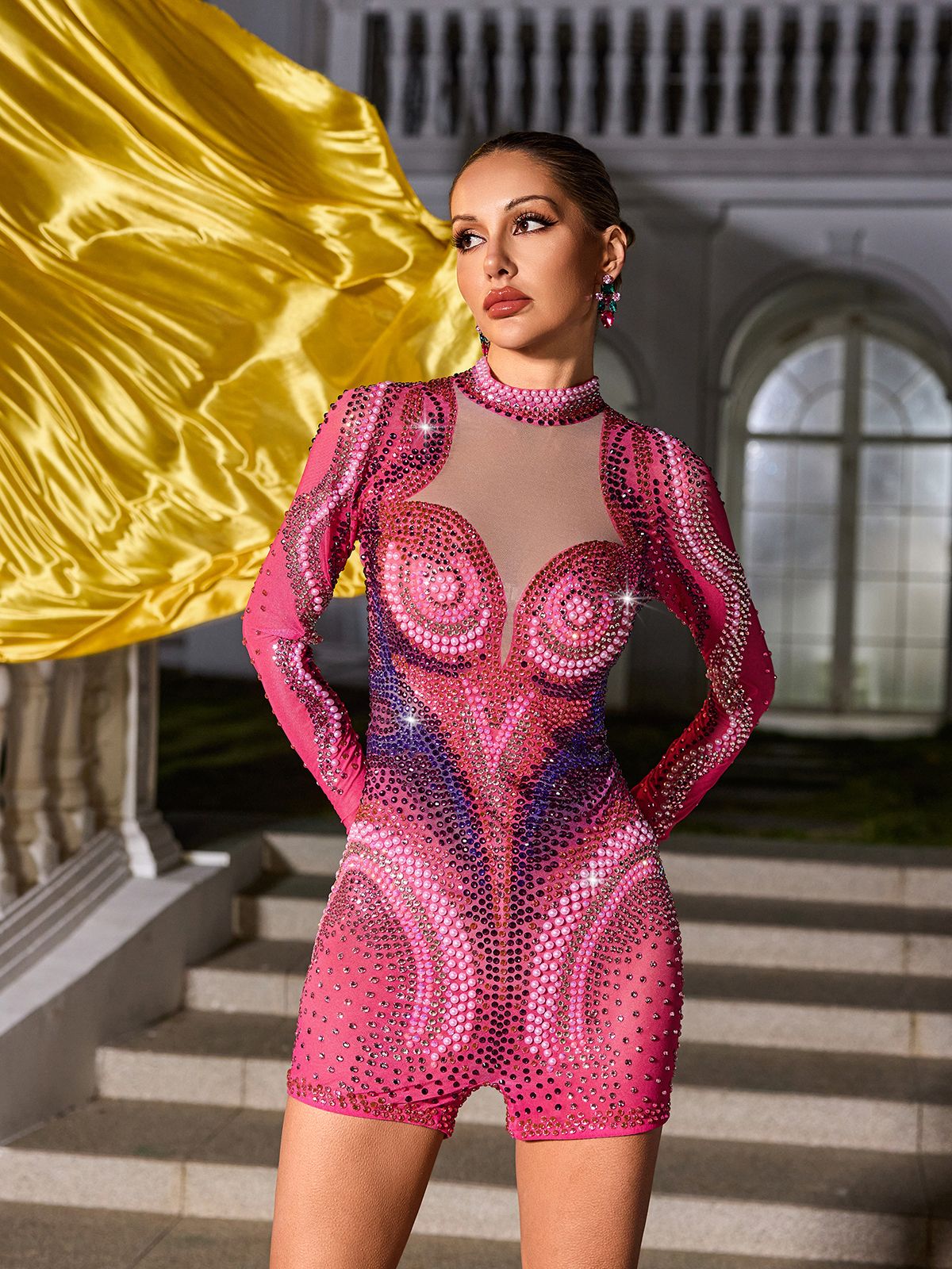 Havilya Uzun Kollu Süslemeli Tulum - Sıcak Pembe