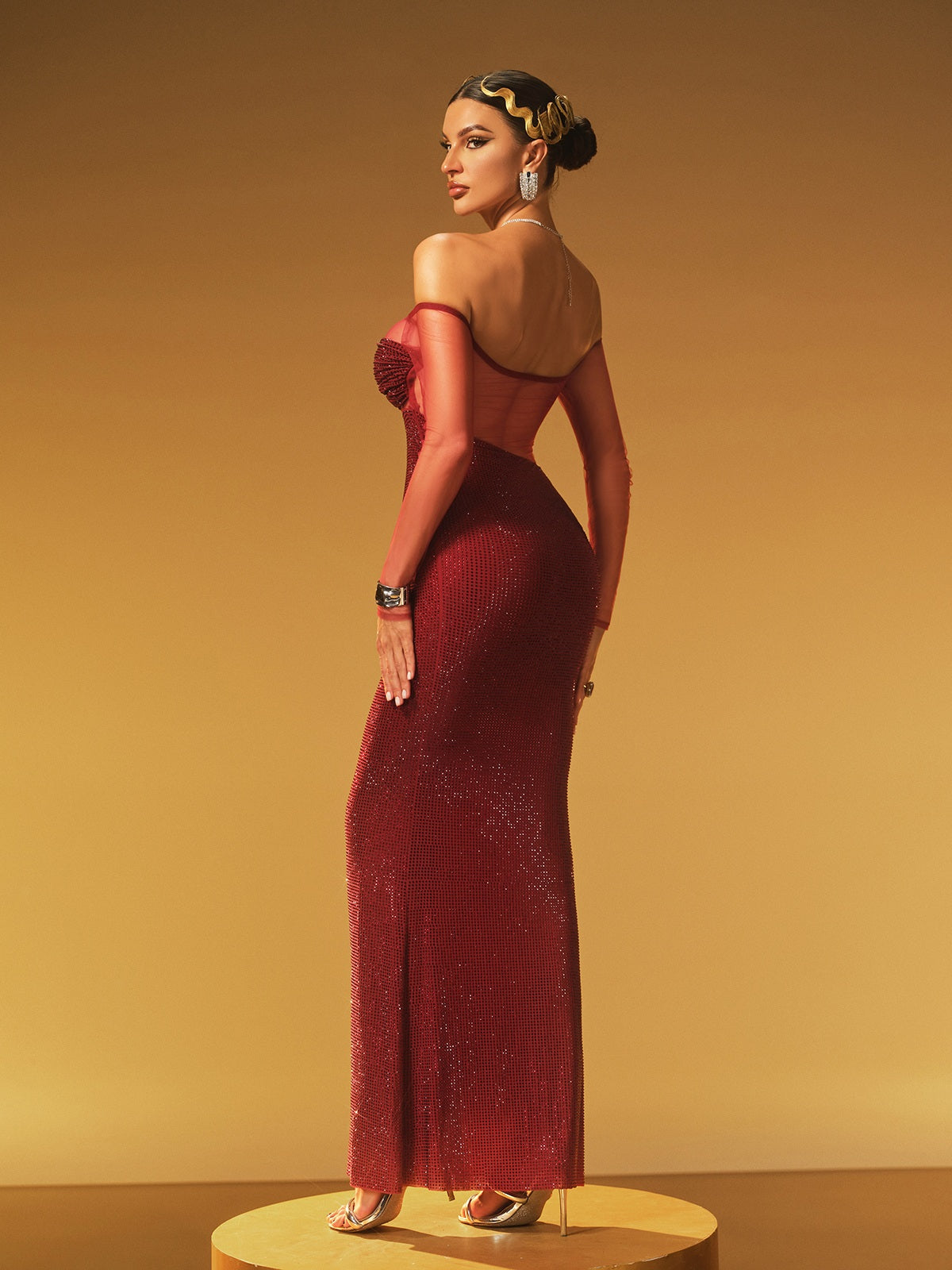 Hyria Off Shoulder Rhinestone Maxi Elbise