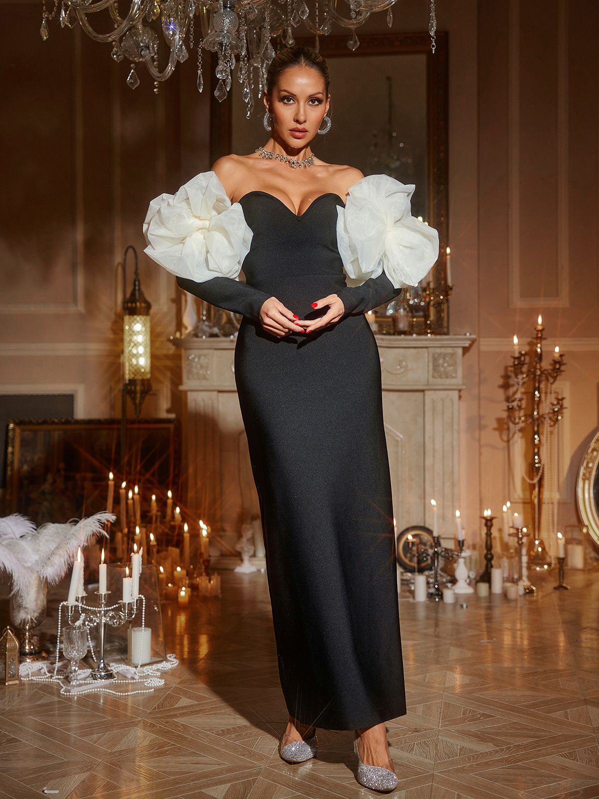 Ifra Off Shoulder Çiçek Bandaj Maxi Elbise Siyah