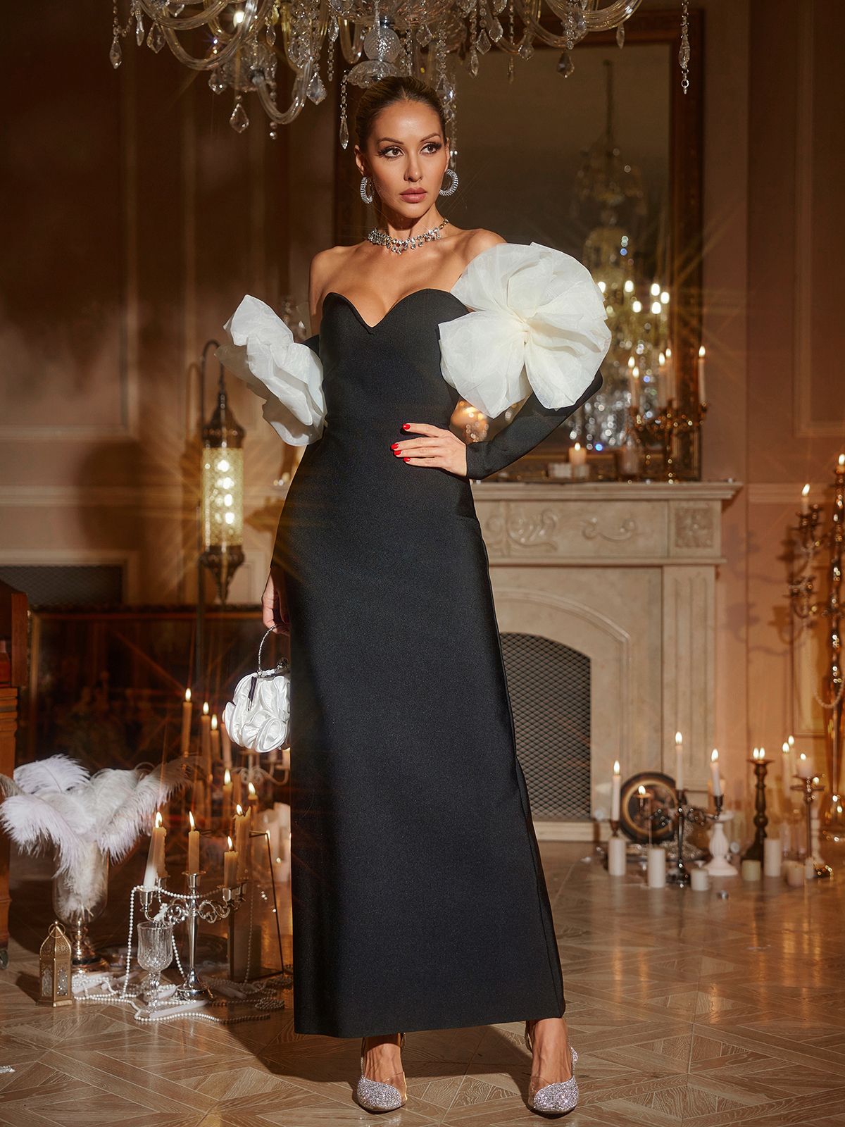 Ifra Off Shoulder Çiçek Bandaj Maxi Elbise Siyah