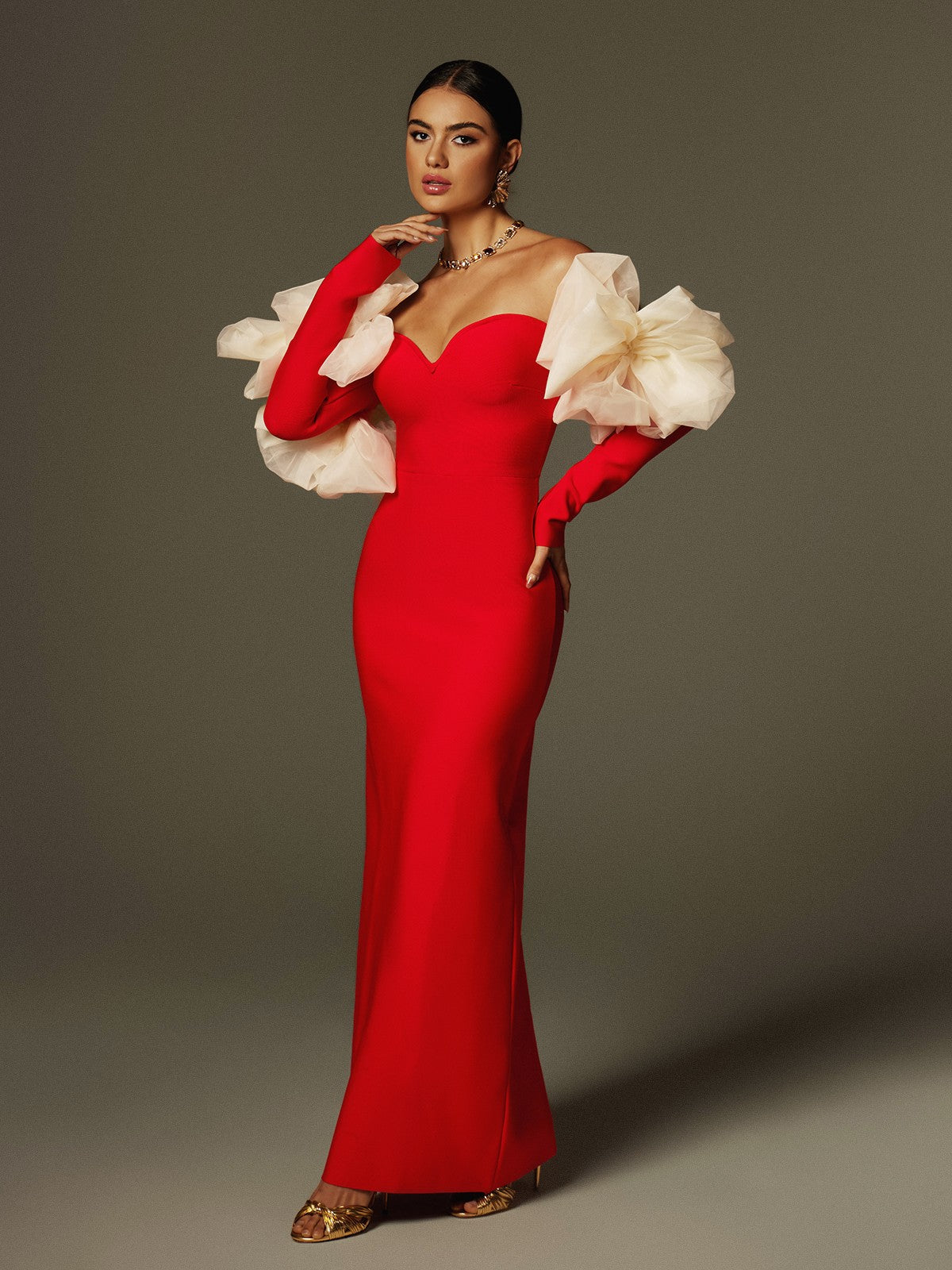 Ifra Askısız Çiçekli Bandaj Maxi Elbise Kırmızı