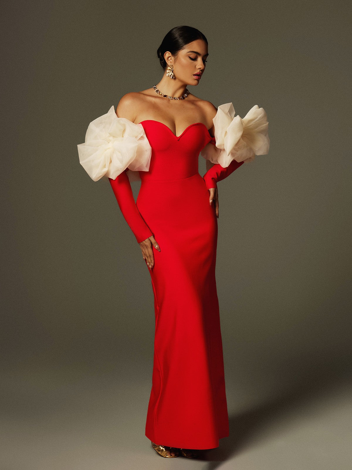 Ifra Askısız Çiçekli Bandaj Maxi Elbise Kırmızı