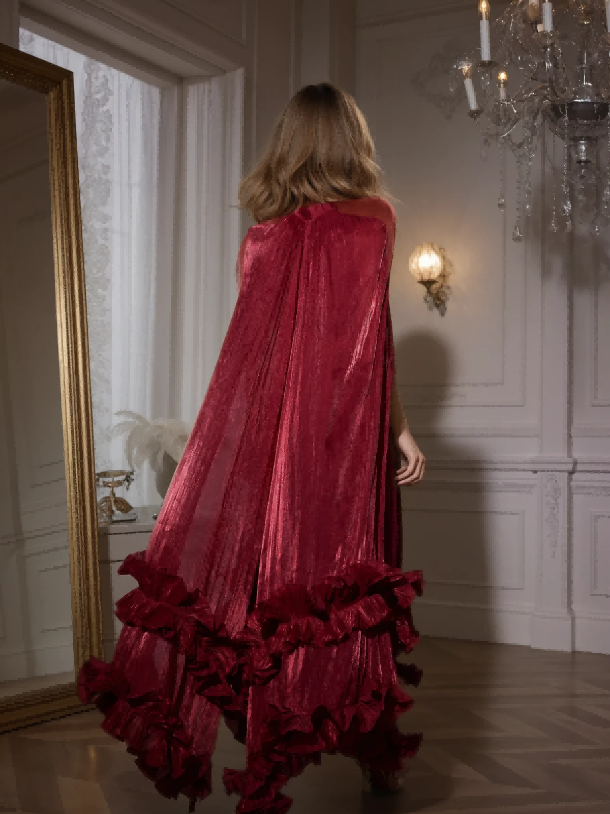 Itziar Şal Volanlı Maxi Elbise - Şarap Rengi