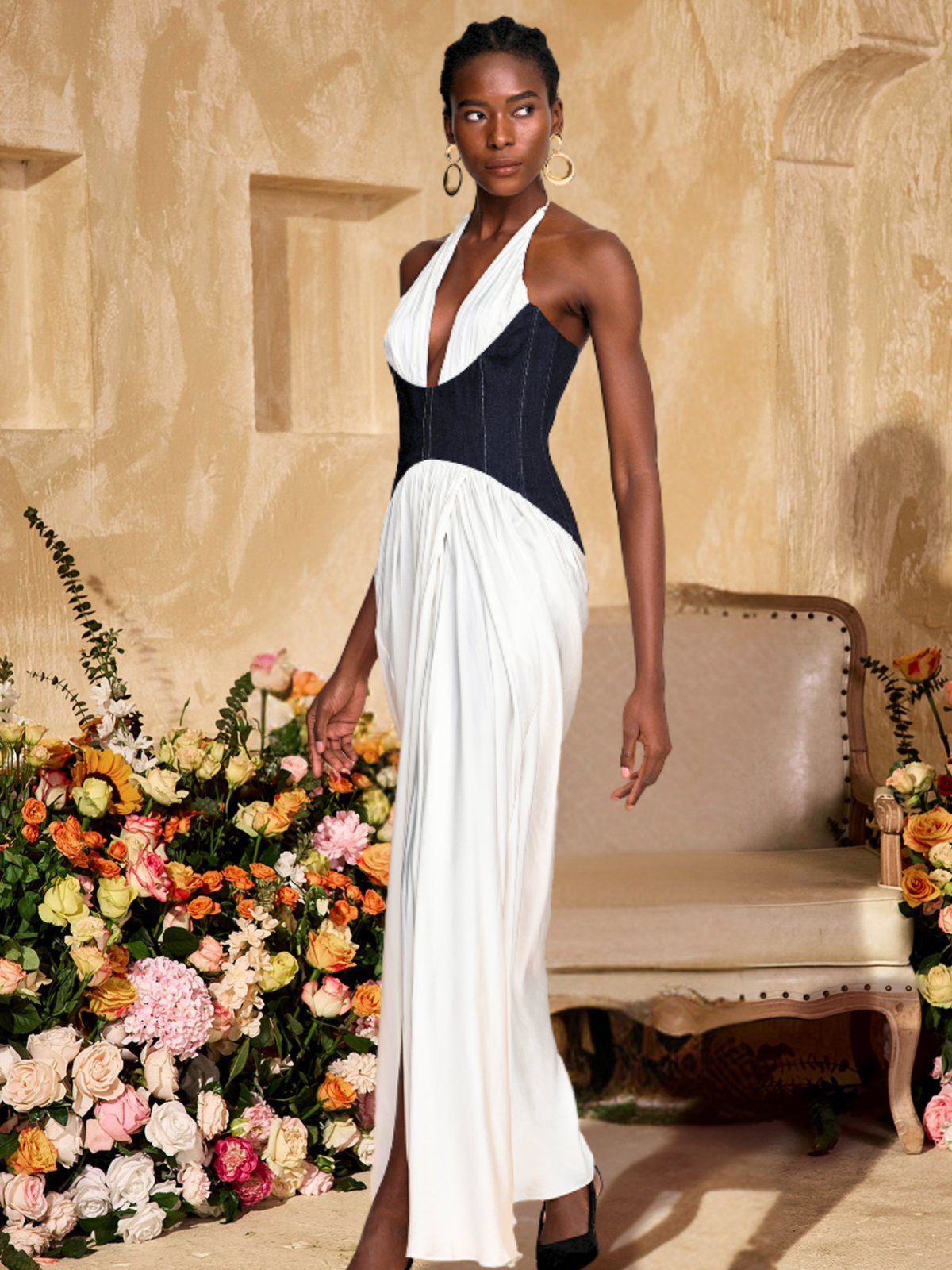 Ivie V Yaka Drapeli Yırtmaçlı Maxi Elbise