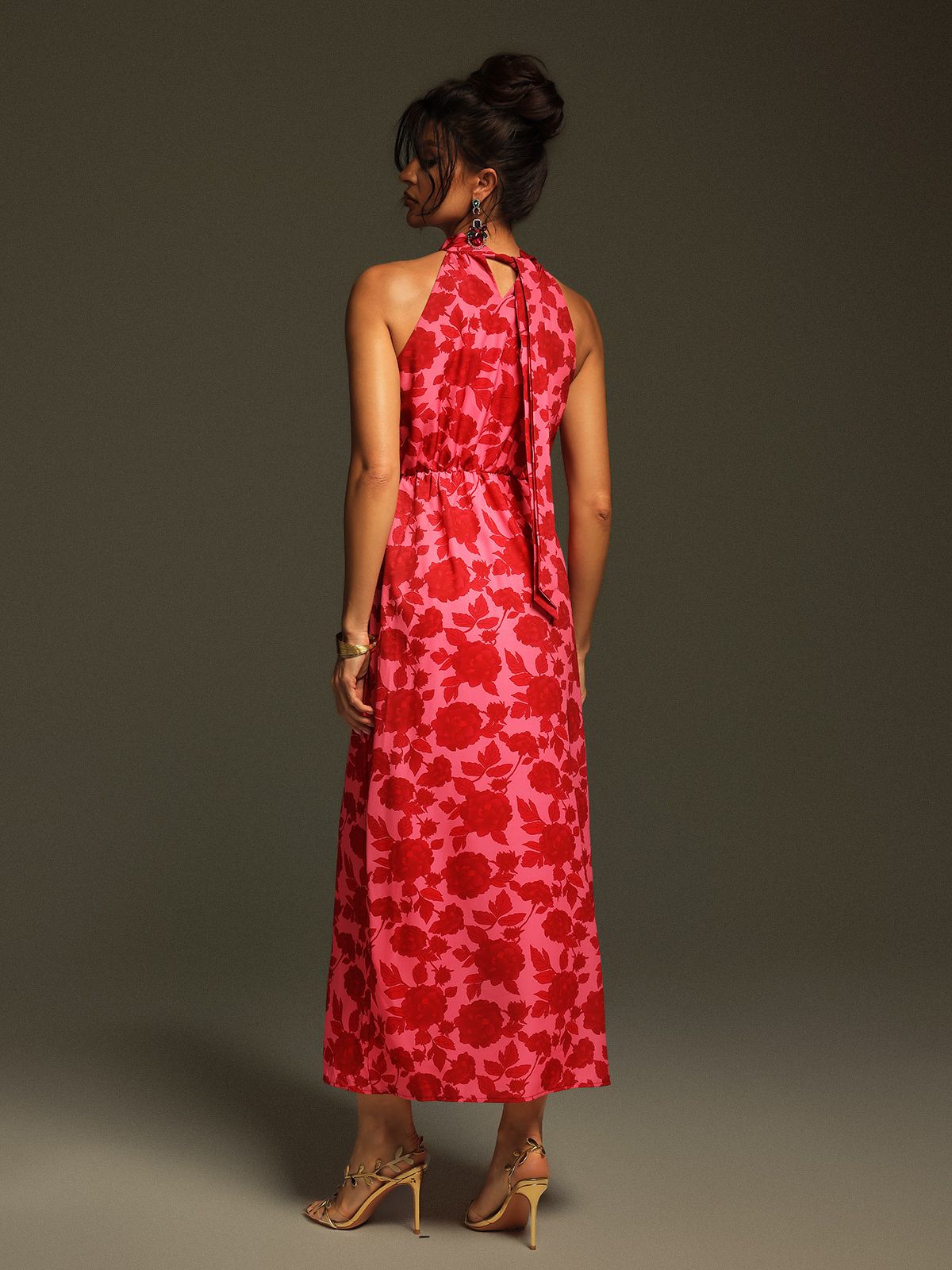 Jacki Halter Yaka Çiçek Desenli Kesik Midi Elbise