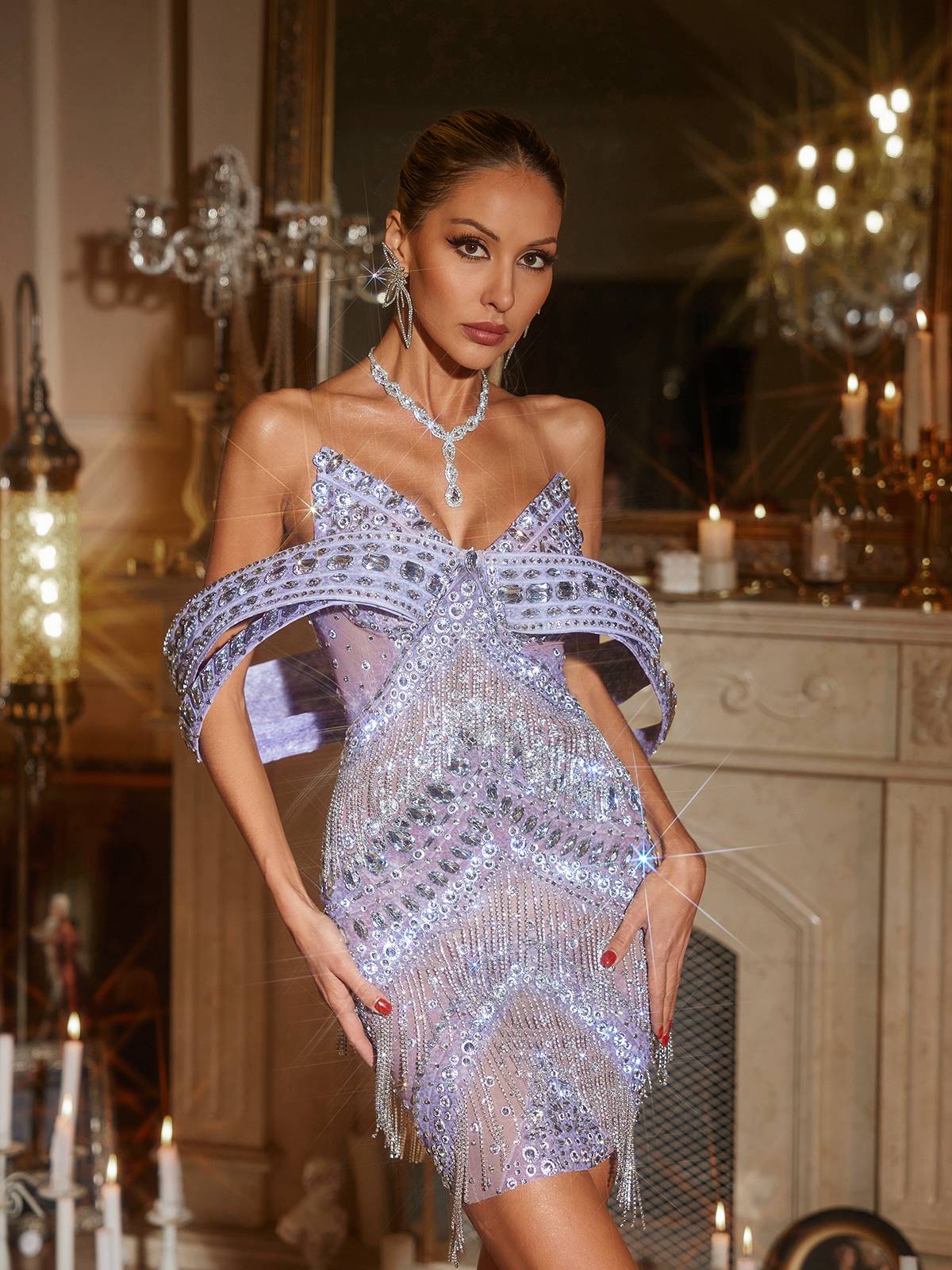 Jaimarie Tek Omuzlu Rhinestone Fringe Mini Elbise Mor