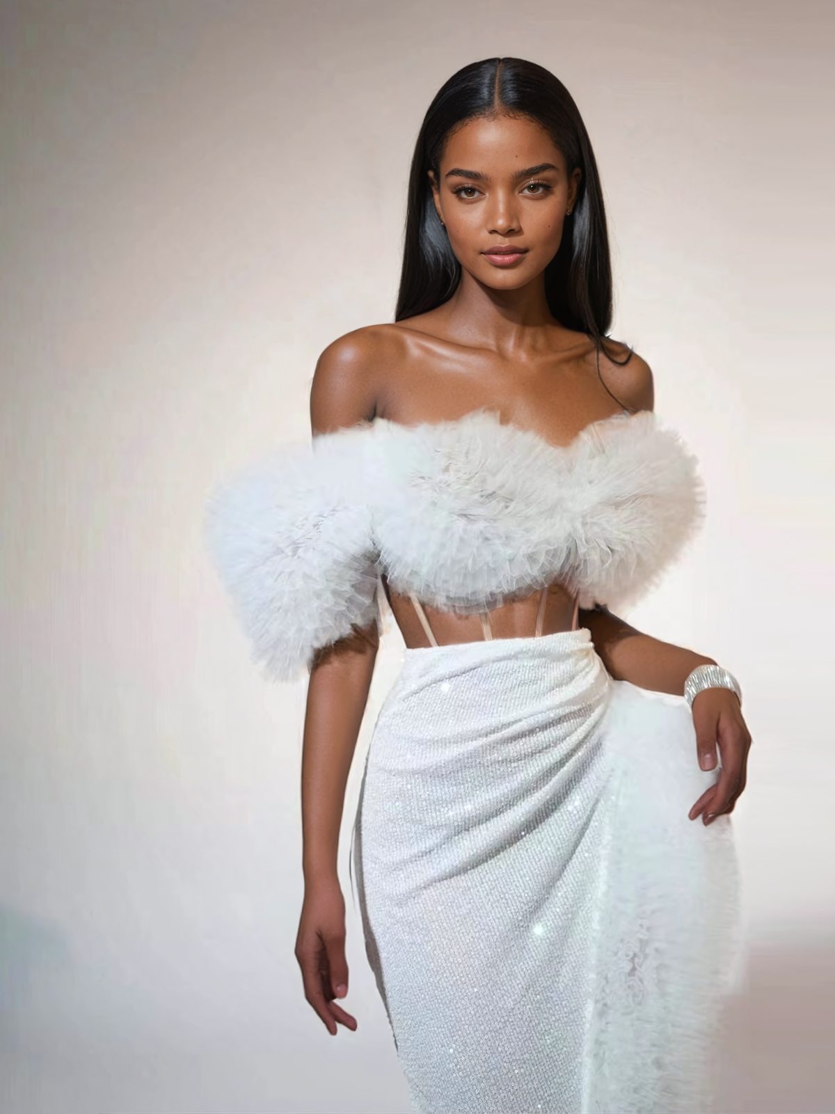 Beyaz Jalynne Korse Tül Kenarlı Payet Etek Takımı