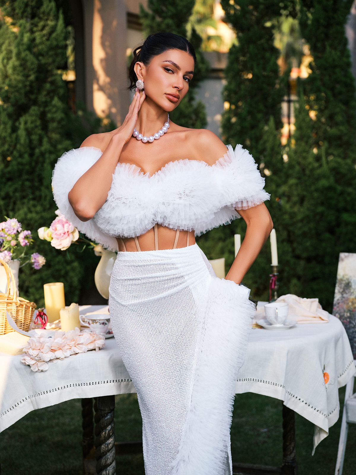 Beyaz Jalynne Korsaj Tül Kenarlı Payet Etek Takımı