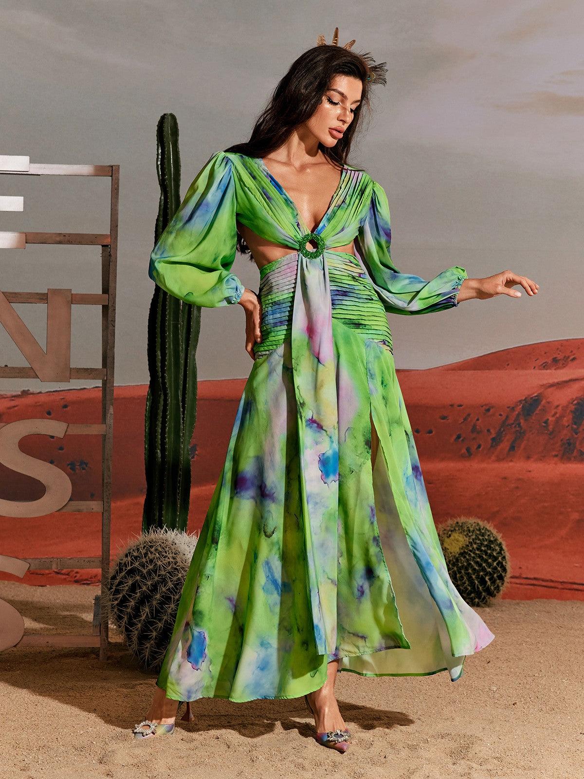 Janay Baskılı Kesik Maxi Elbise